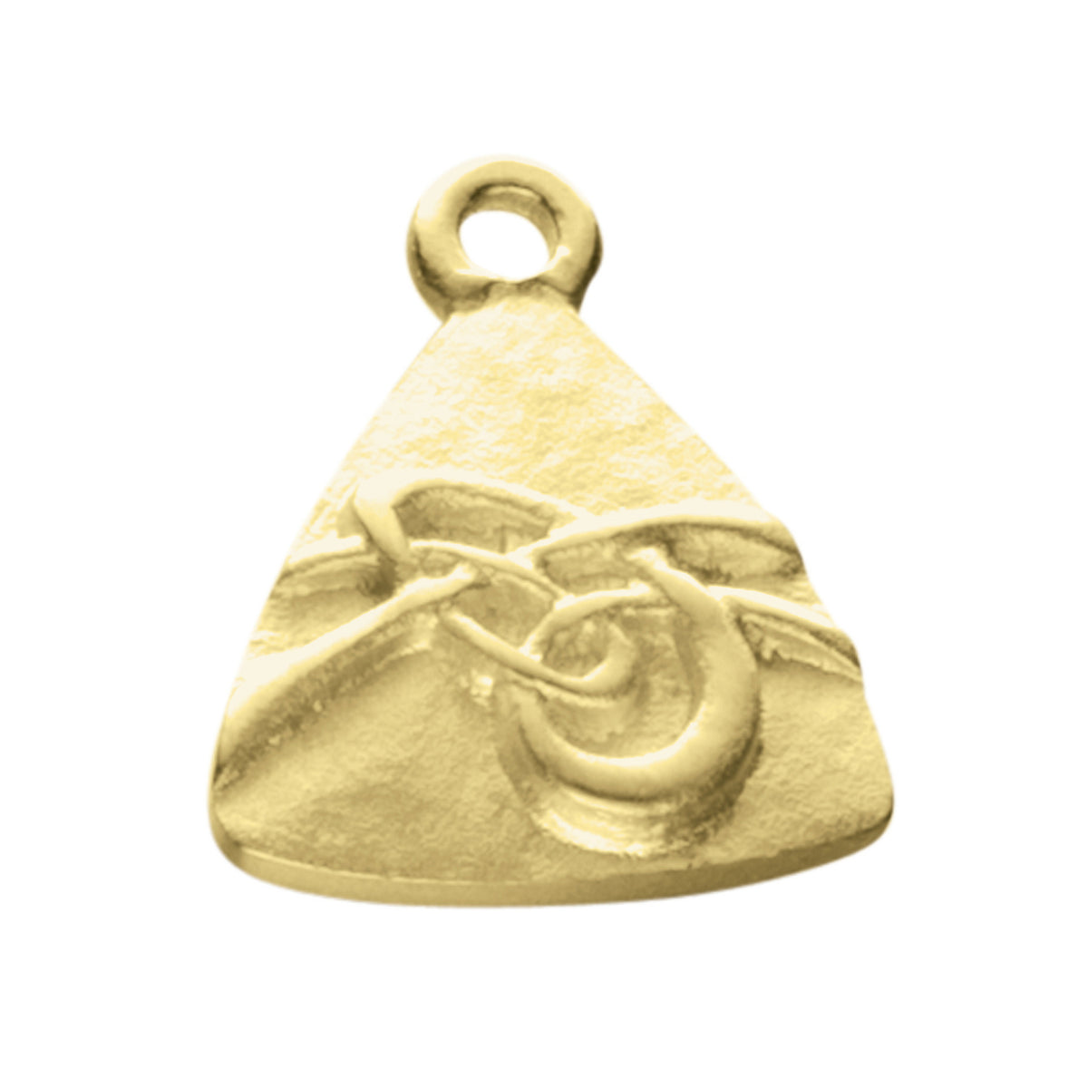 A triangular gold charm with a knotted design from the Aikerness Collection