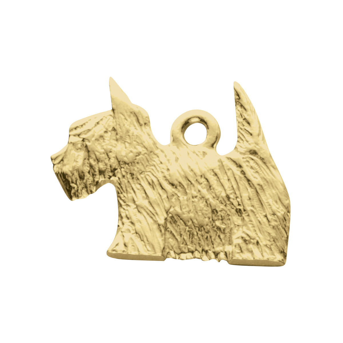 A gold charm with a Scottie Dog shape
