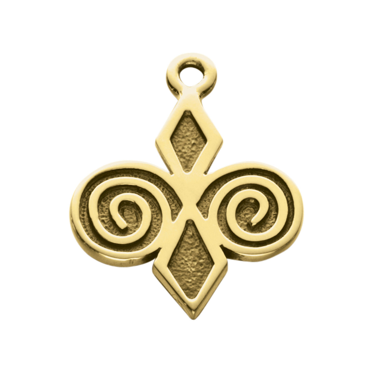 A gold charm with a geometric design featuring spirals from the Skara Brae Collection