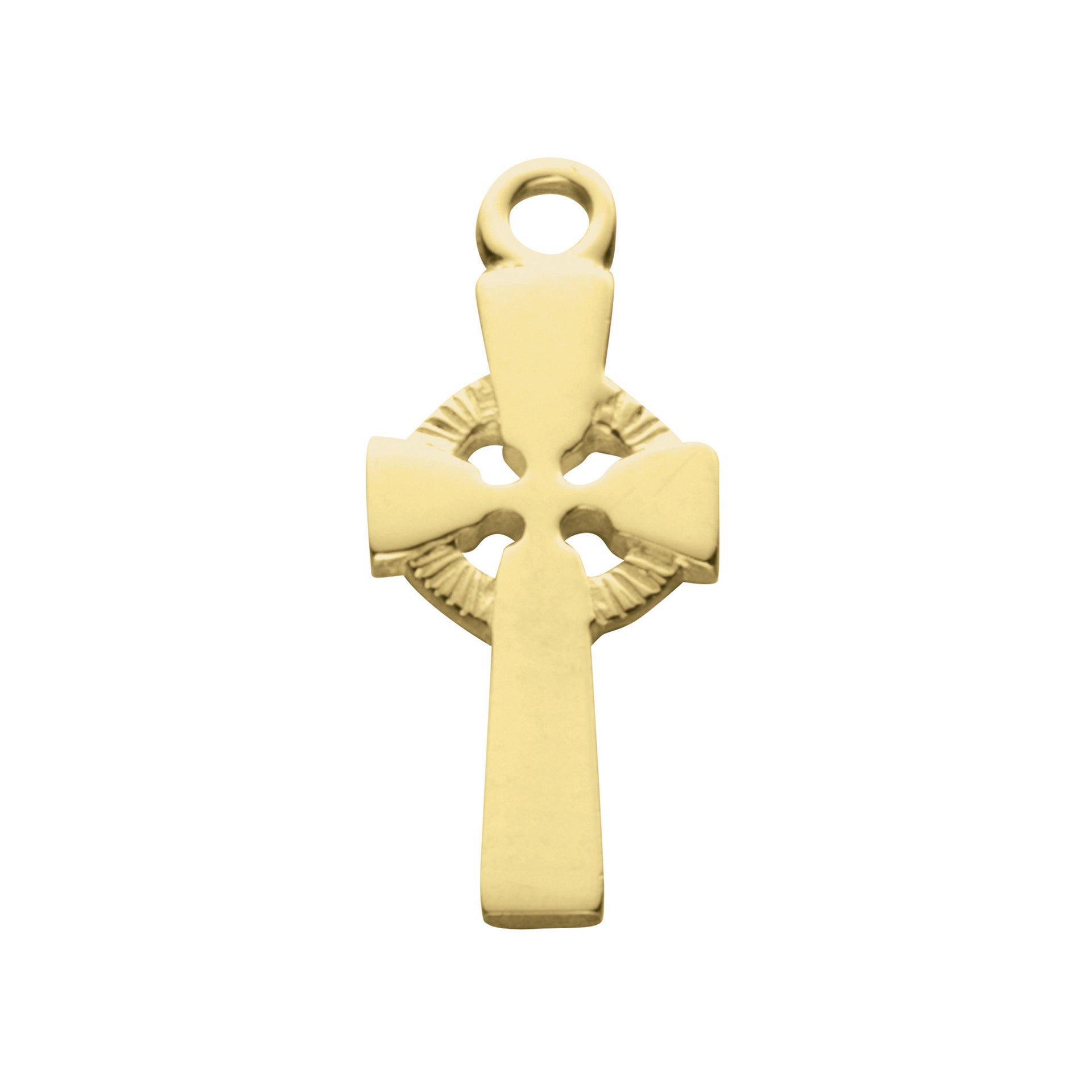 A gold charm with a Celtic cross design