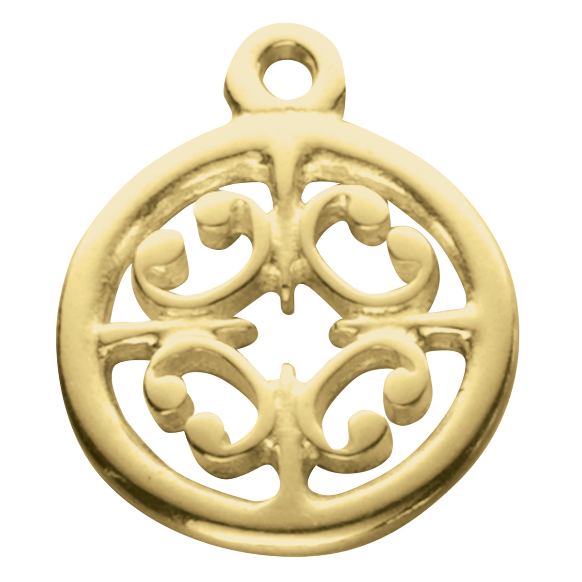 A gold circular charm with a beautiful window design as found in the St Magnus Cathedral