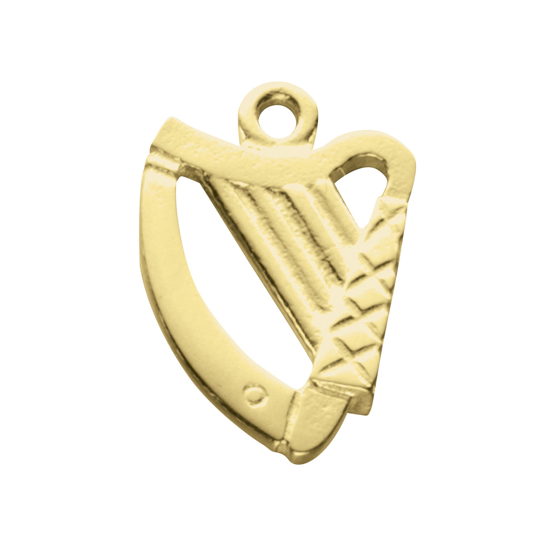 A gold charm in the shape of a Harp