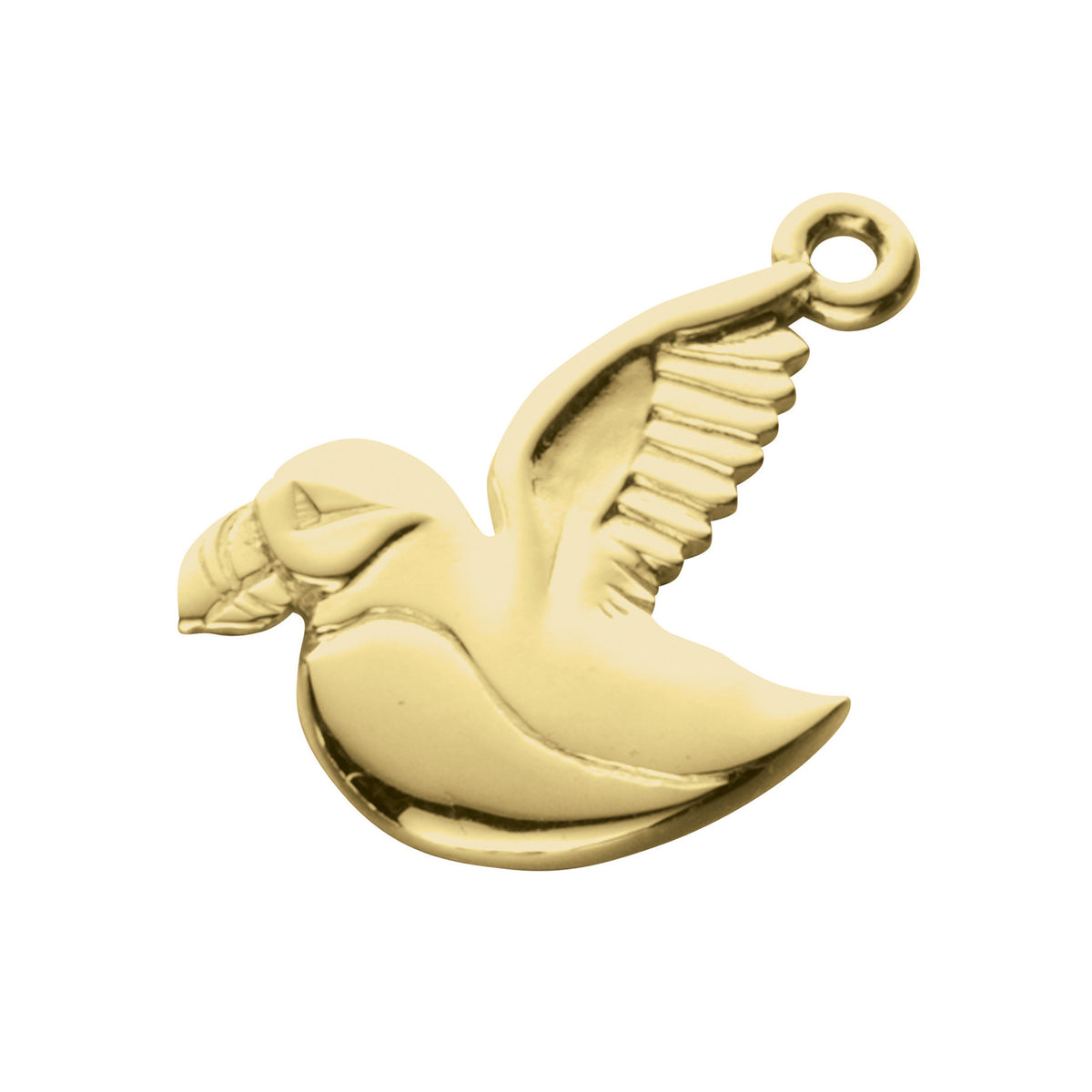 A gold charm with a puffin in flight design from the Puffin Collection