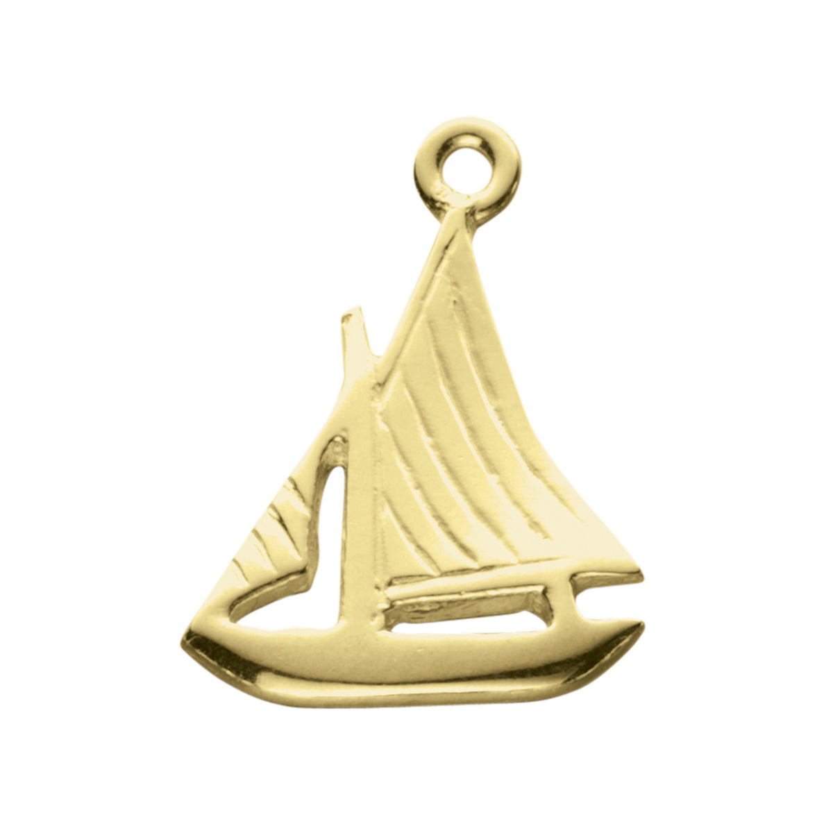A gold charm with a Sail boat design 
