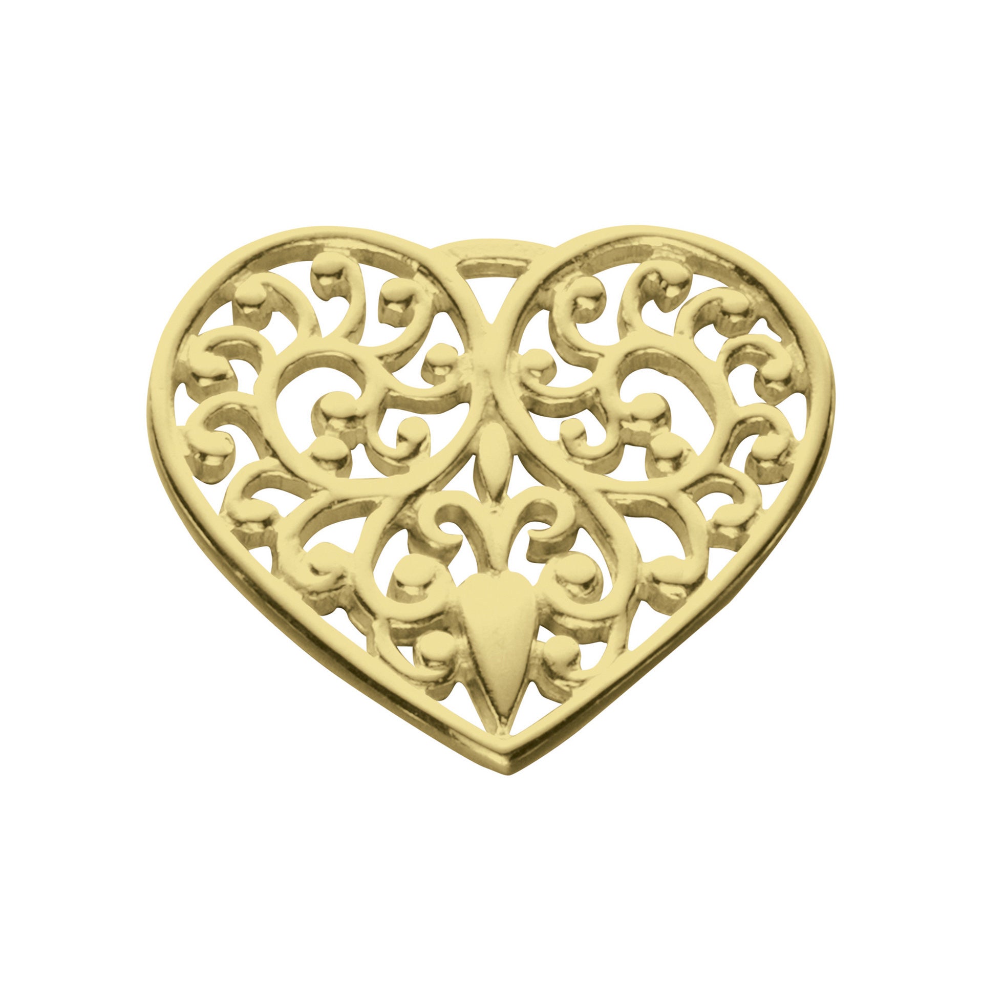 A gold charm with an detailed design within a heart shape part of the Lacy Heart collection.