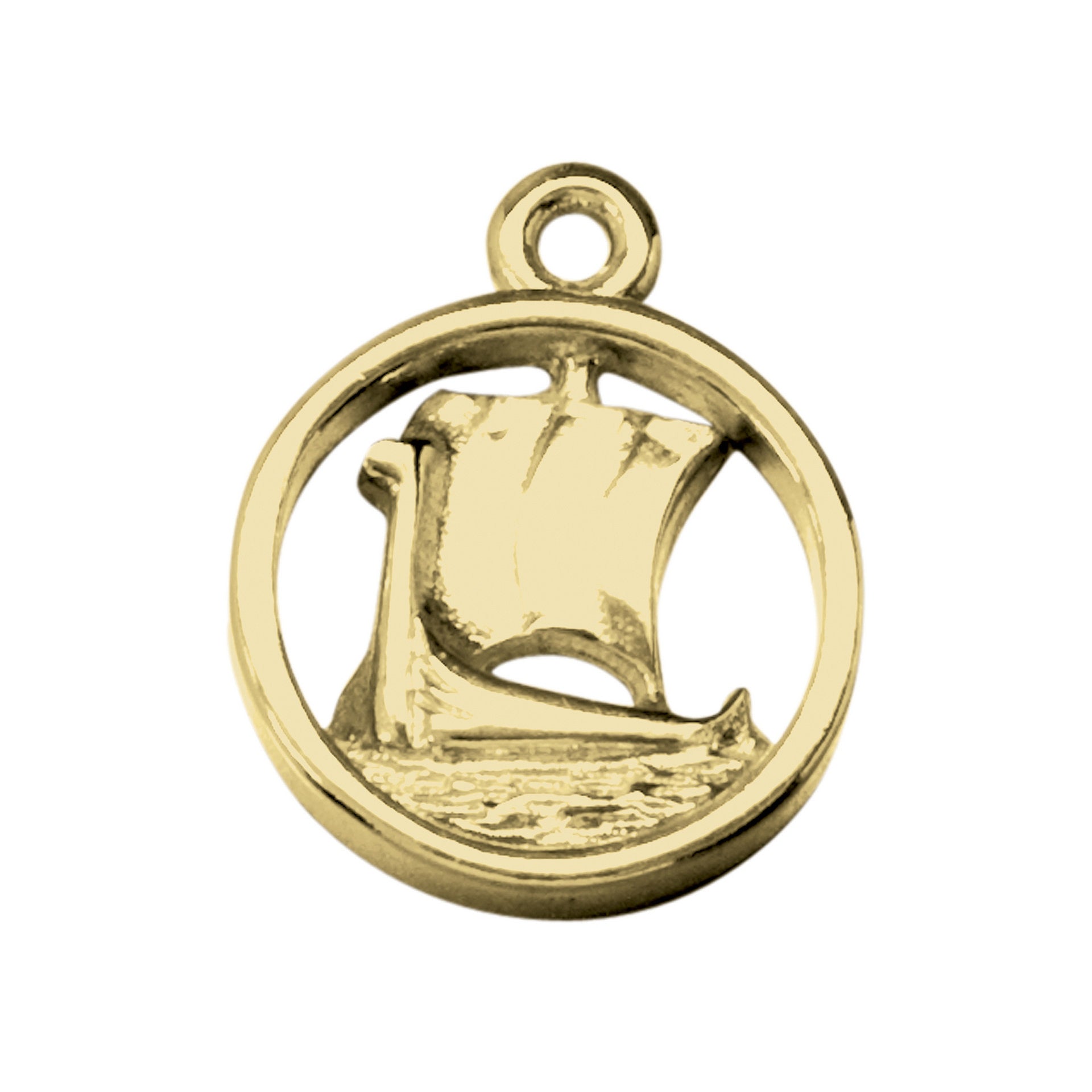 A gold circular charm with Viking longboat design