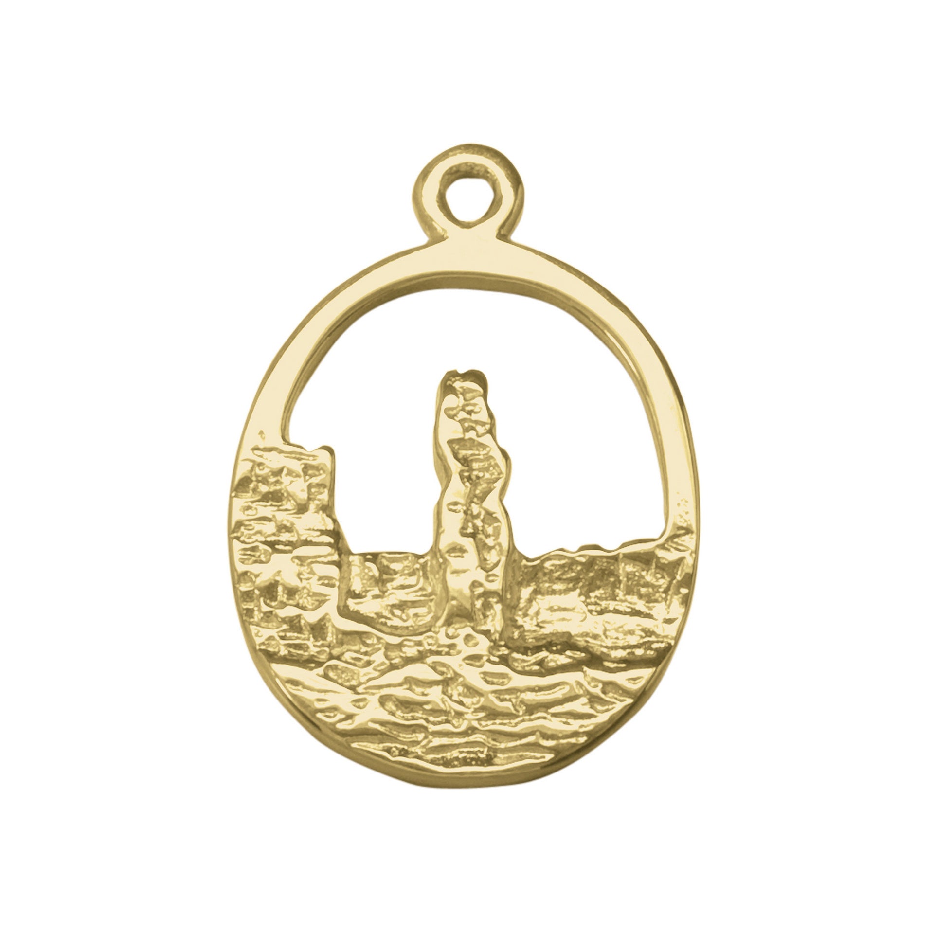 A oval gold charm of a scene of the old man of hoy