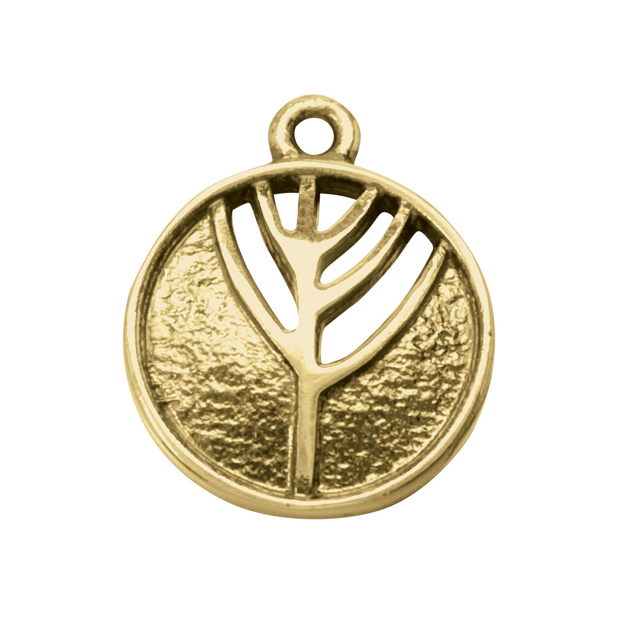 A circular gold charm with an detailed rune design within a heart shape part of the Ingibiorg collection.