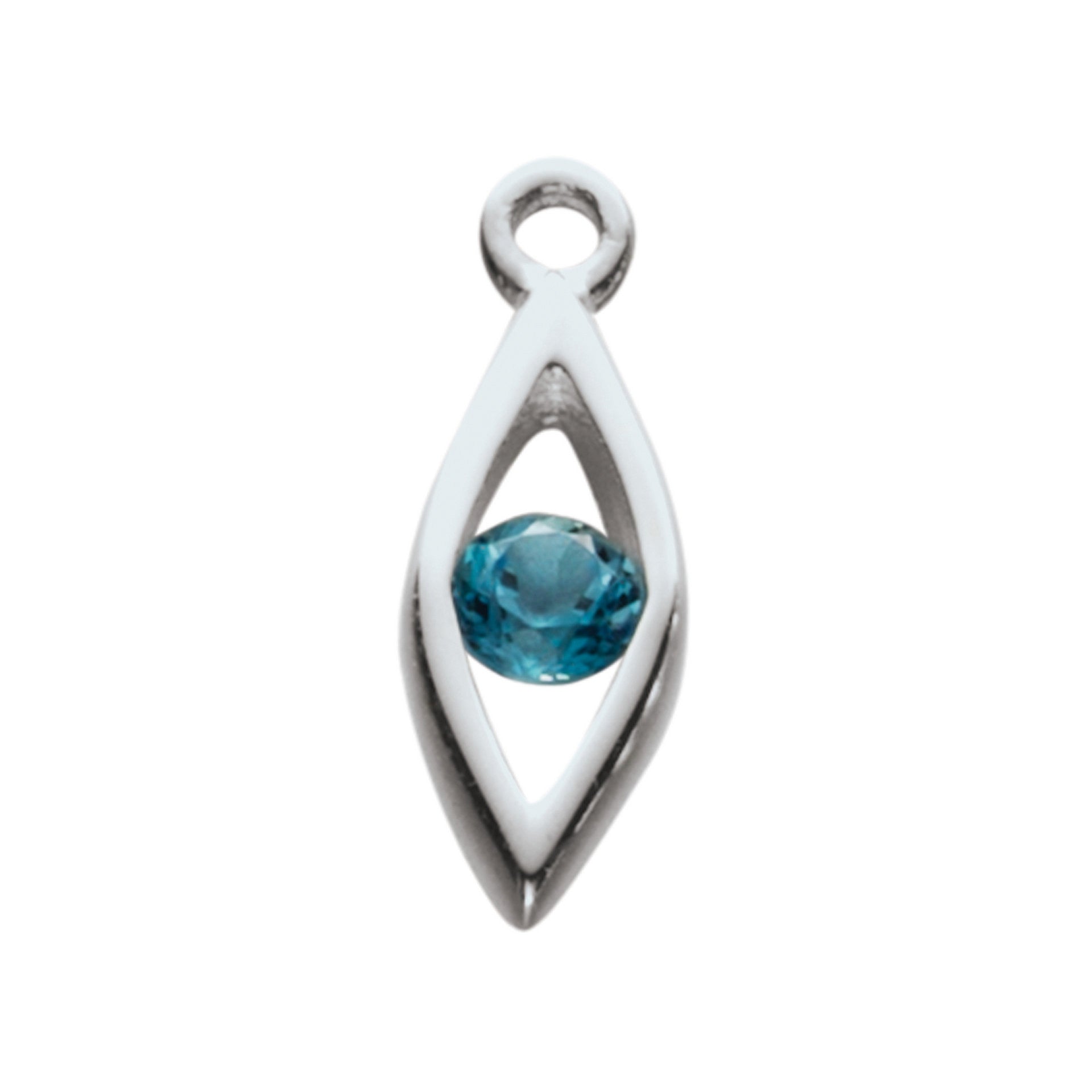 A silver charm with a blue cubic zirconia centerpiece, part of the Mistral collection.
