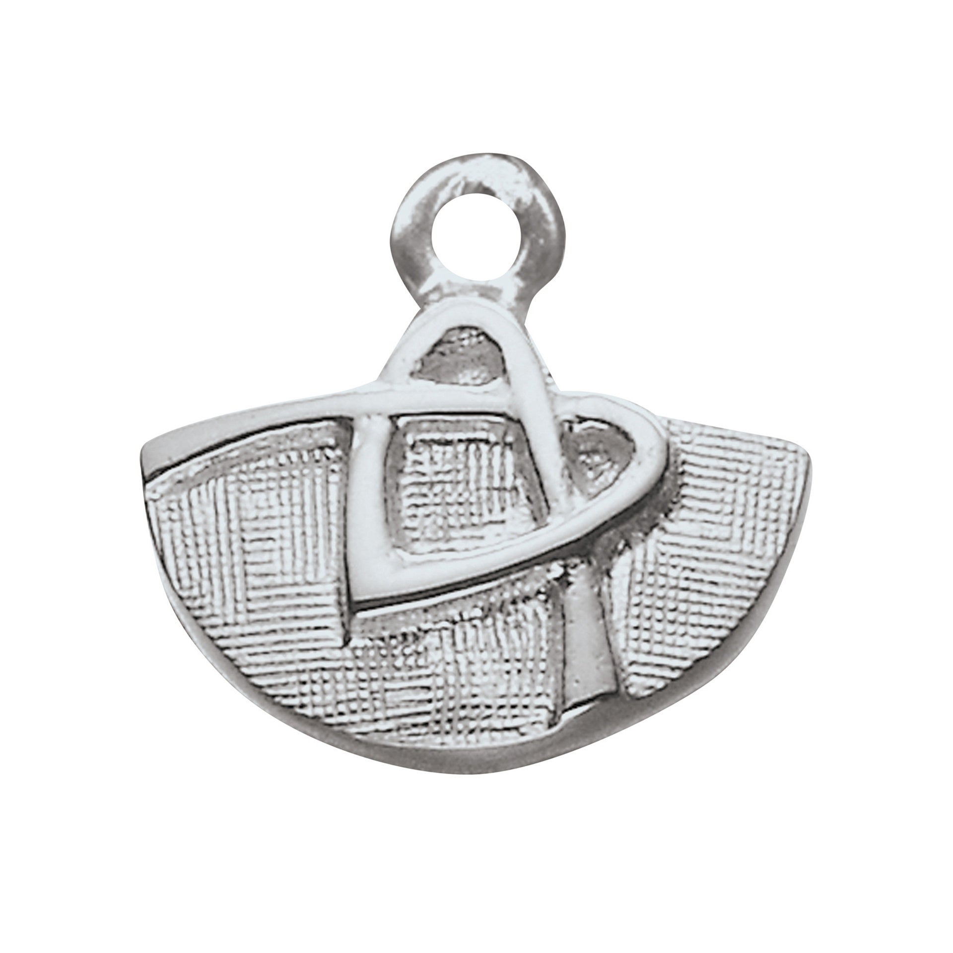 A half circular silver charm with a knotted heart detail from the Faray Collection