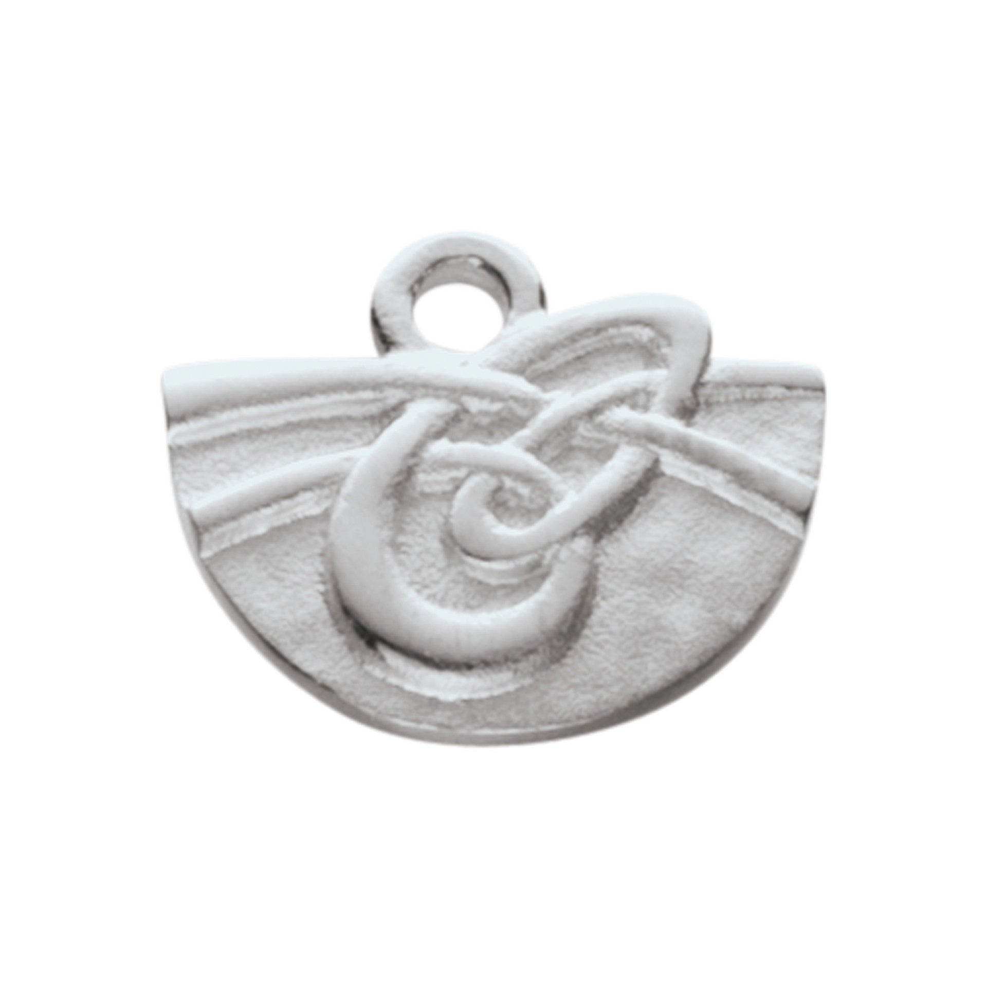 A half round silver charm with a knotted design from the Aikerness Collection
