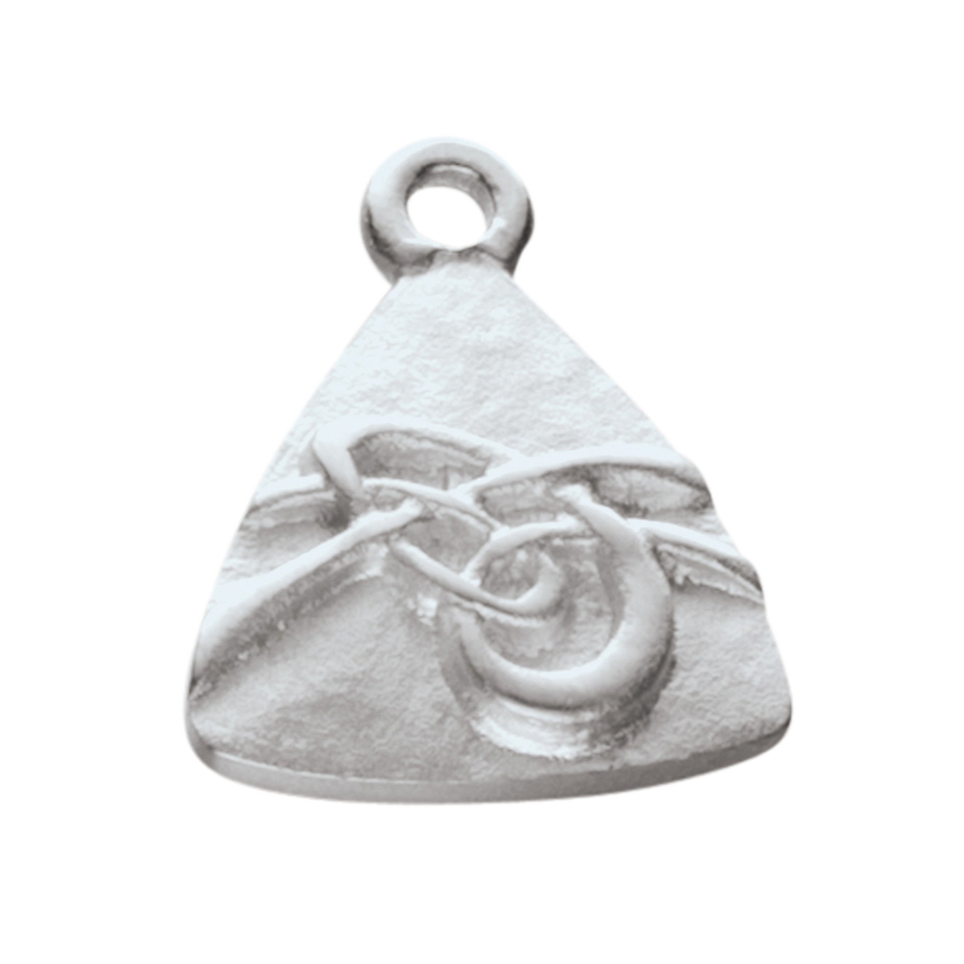 A triangular silver charm with a knotted design from the Aikerness Collection