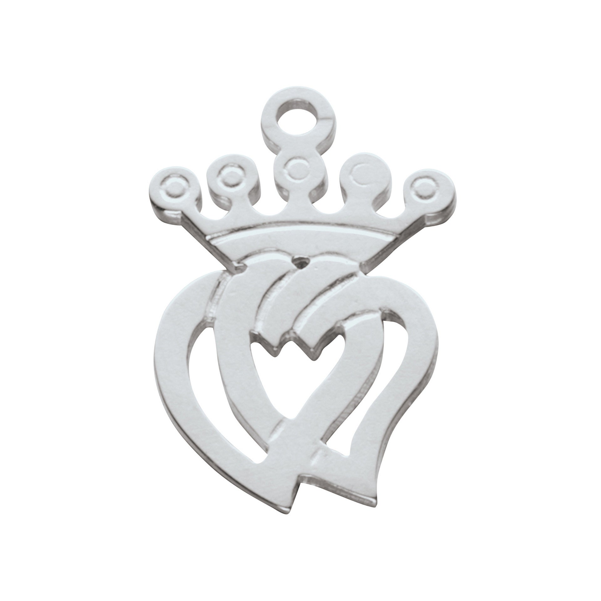 A silver charm with a crown and heart design part of the Luckenbooth collection.