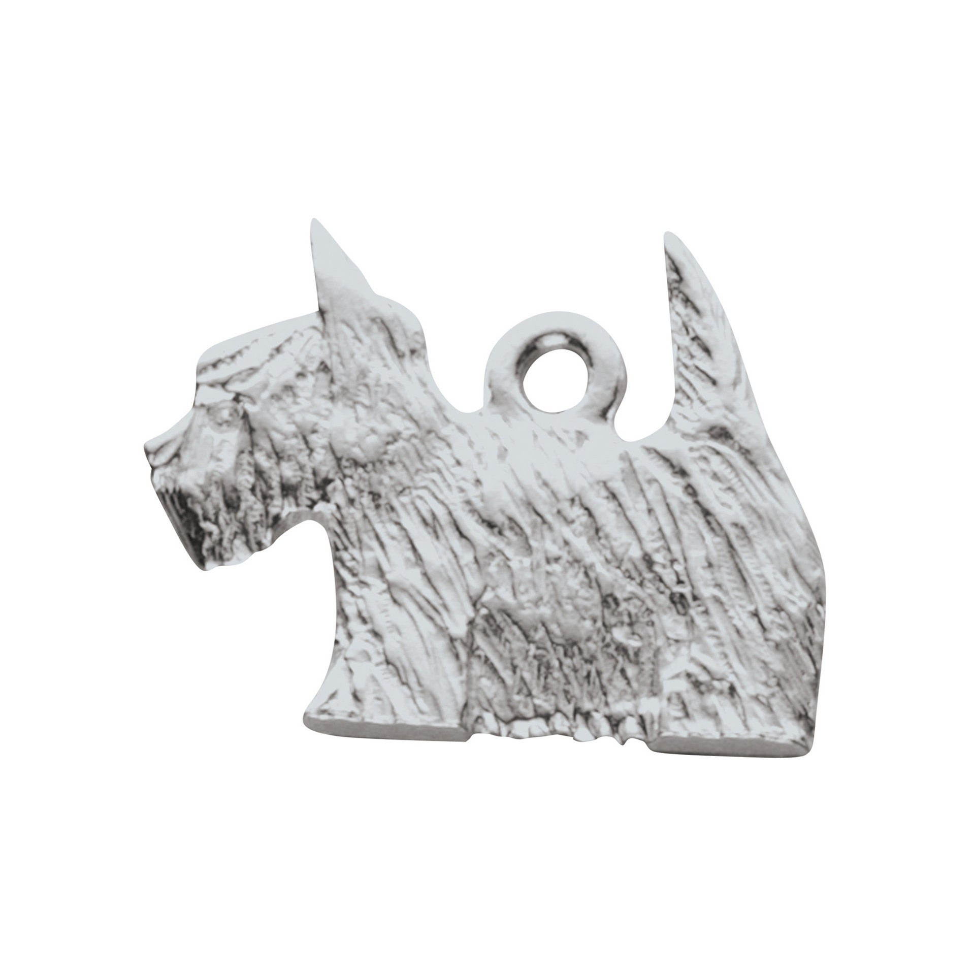 A silver charm with a Scottie Dog shape