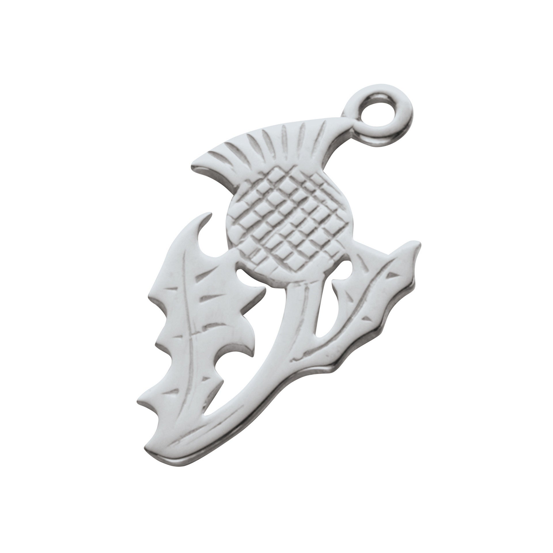A silver charm with Thistle design