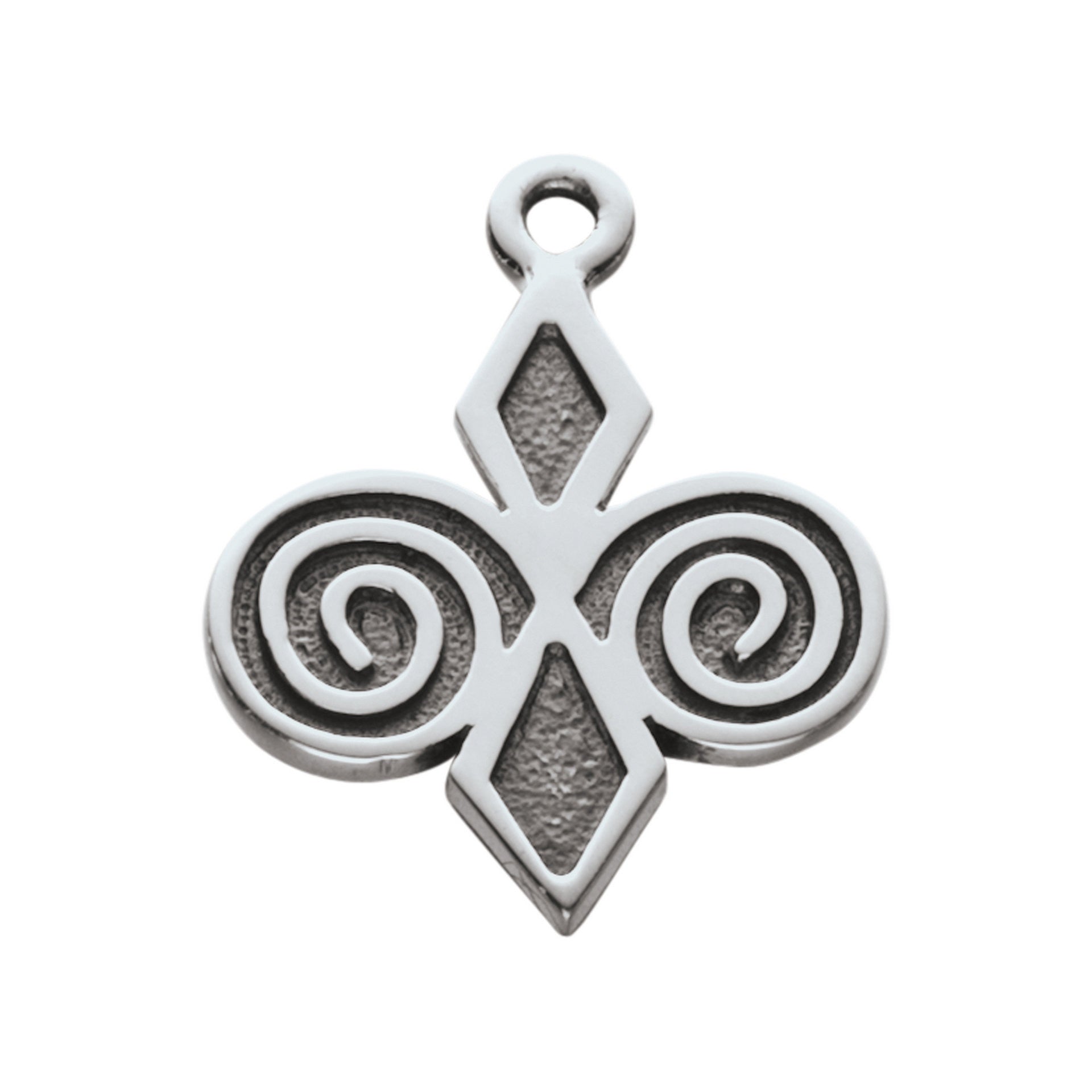 A silver charm with a geometric design featuring spirals from the Skara Brae Collection