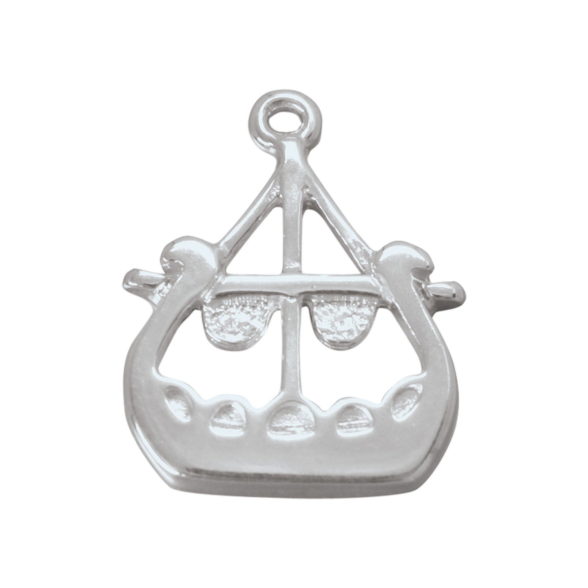 A silver charm with Viking longboat design