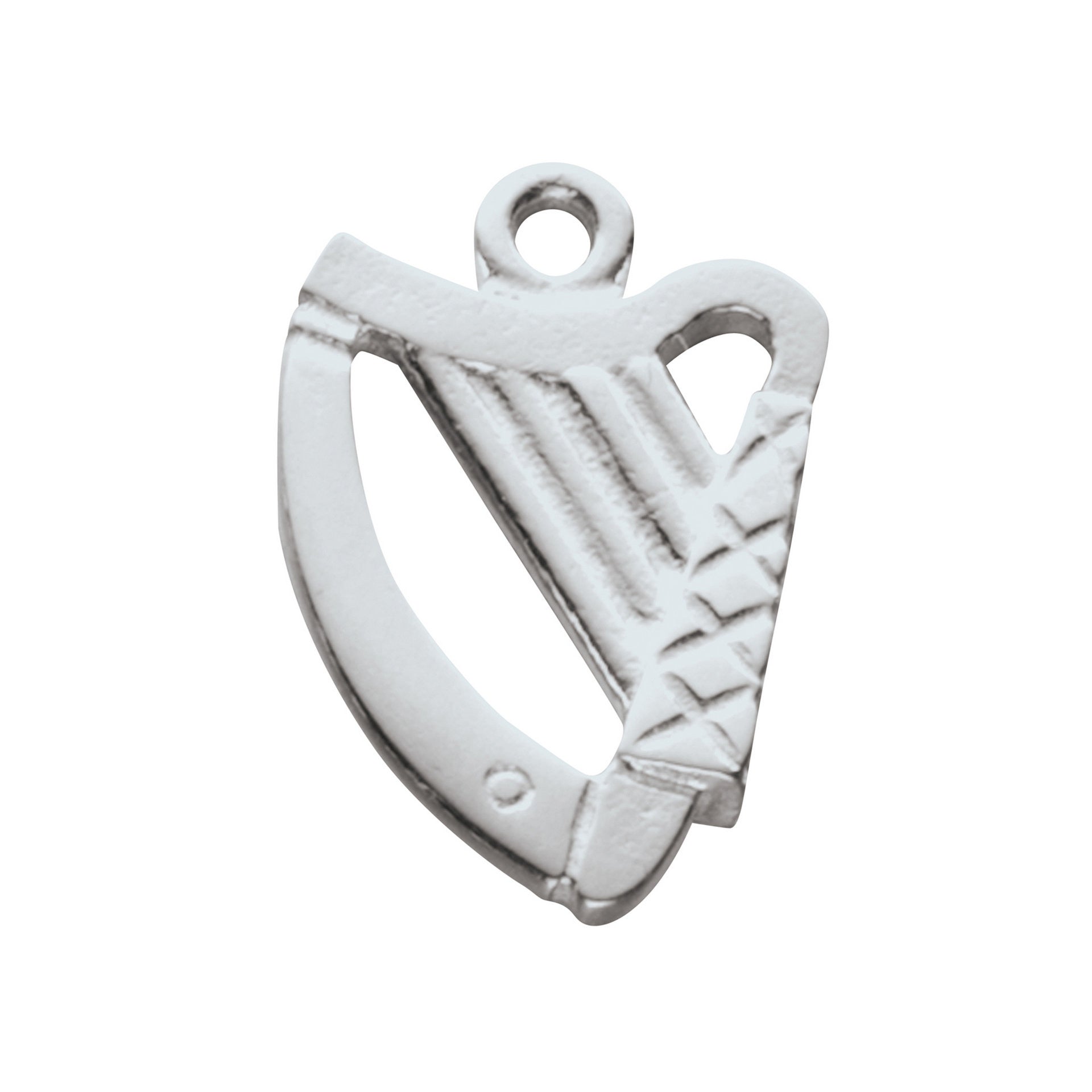A silver charm in the shape of a Harp