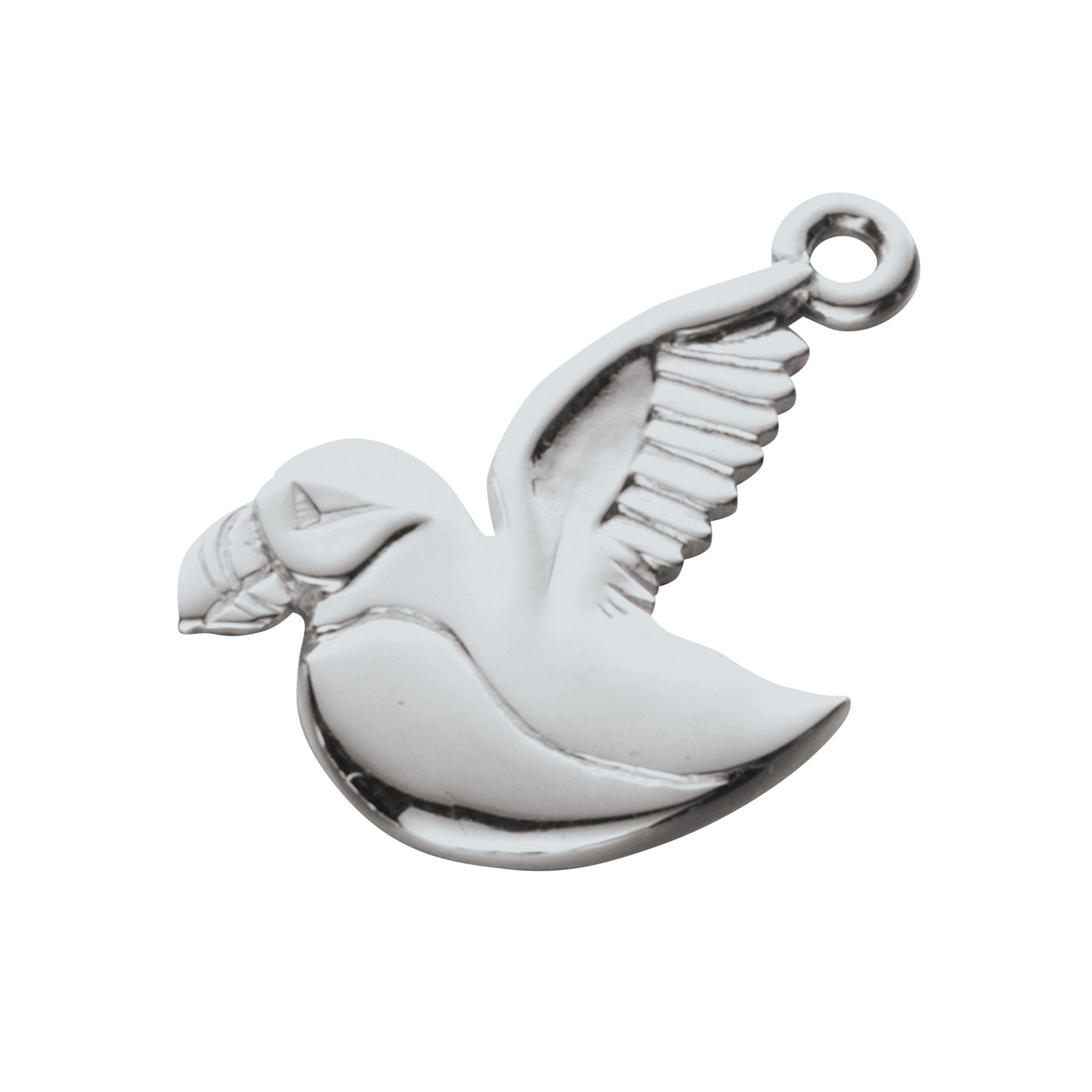 A silver charm with a puffin in flight design from the Puffin Collection