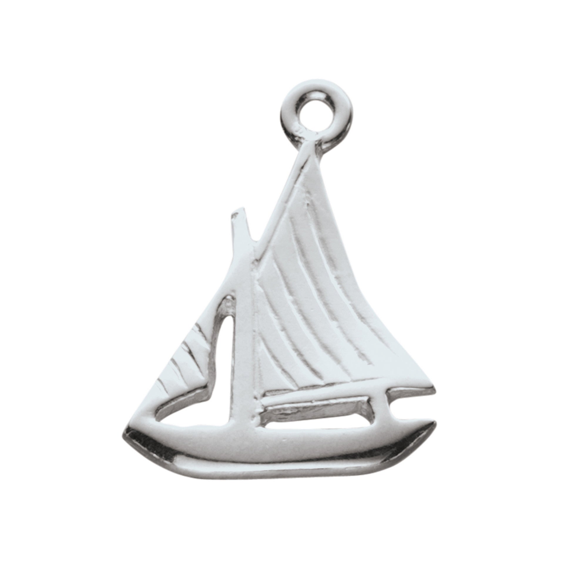 A silver charm with a Sail boat design 