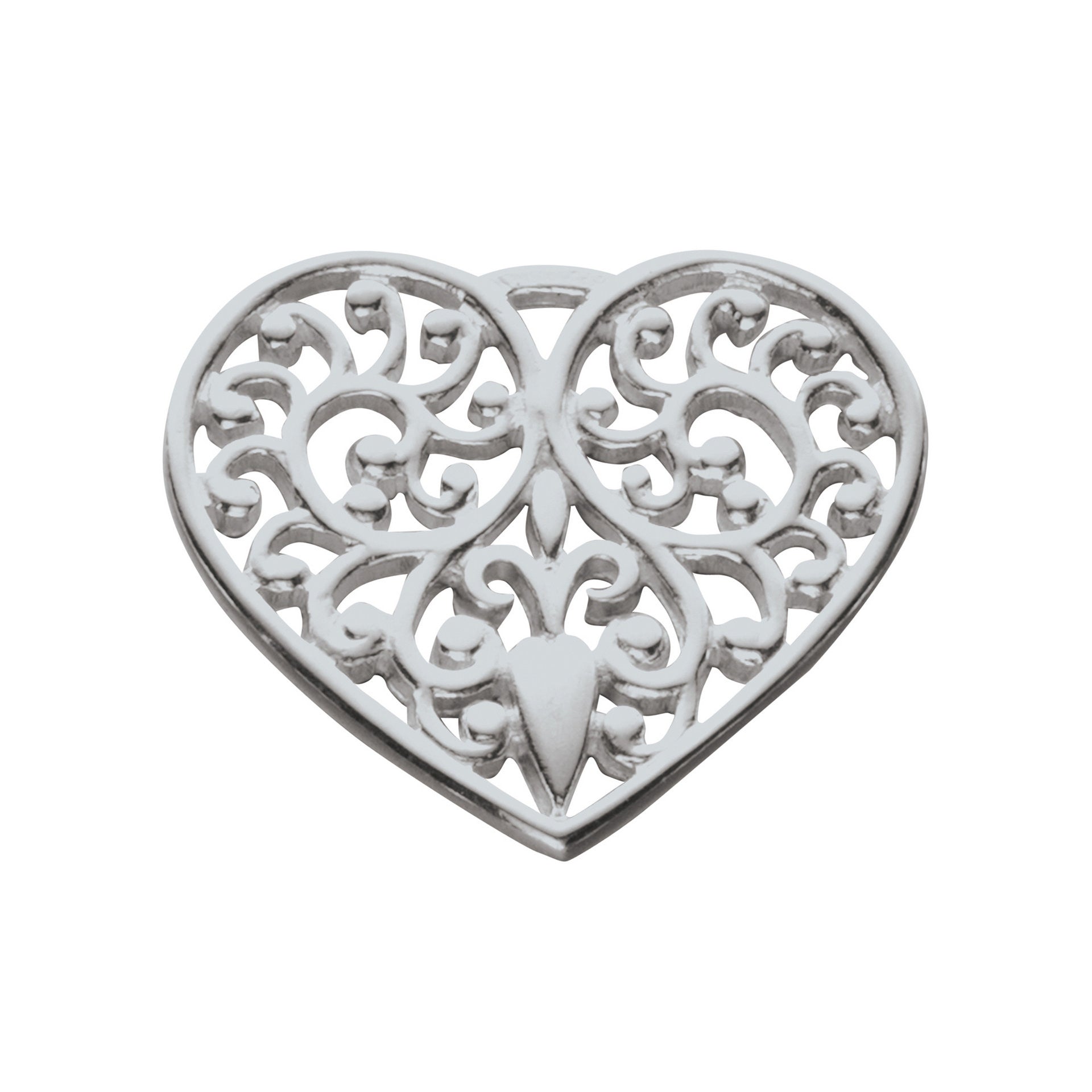 A silver charm with an detailed design within a heart shape part of the Lacy Heart collection.