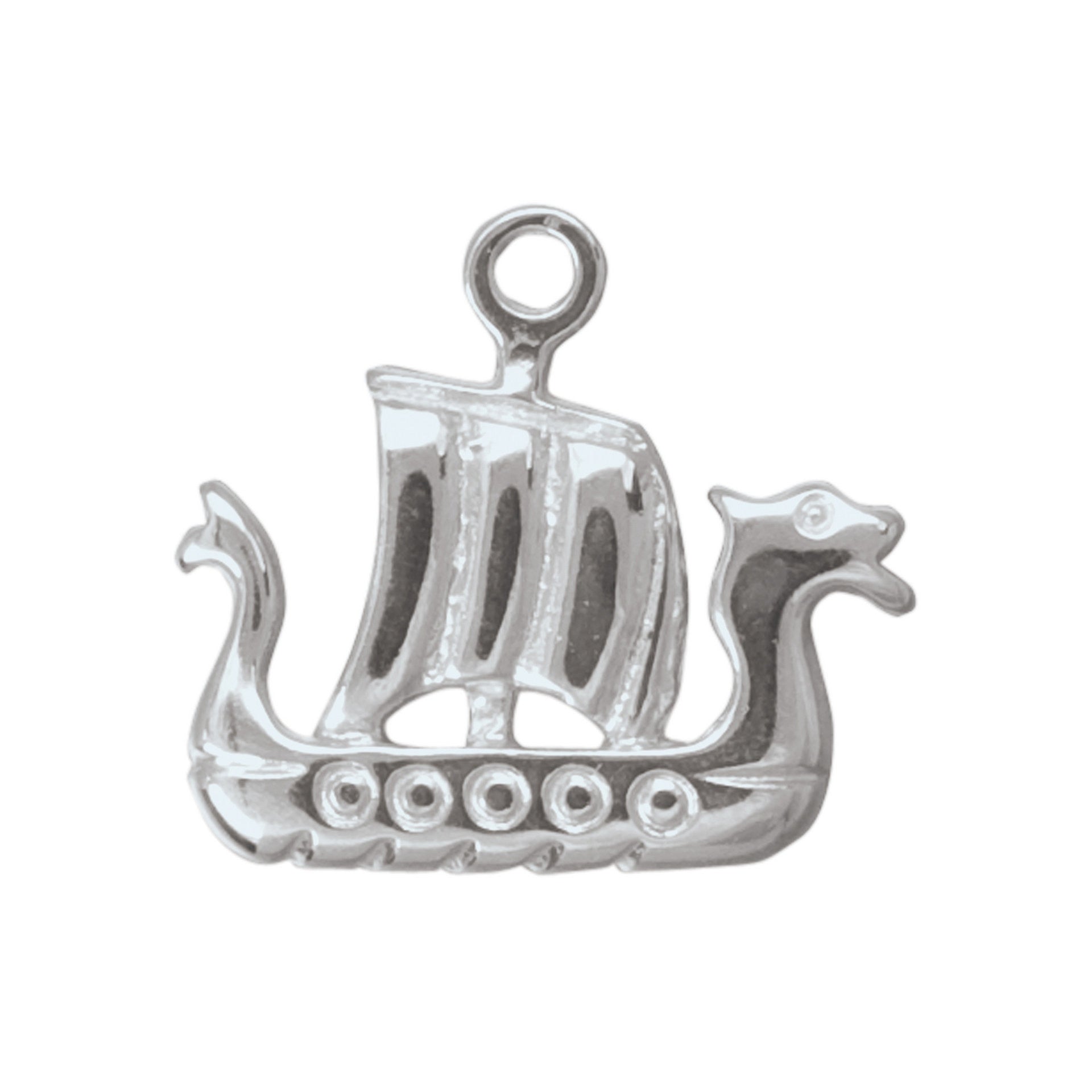 A silver charm with Viking longboat design