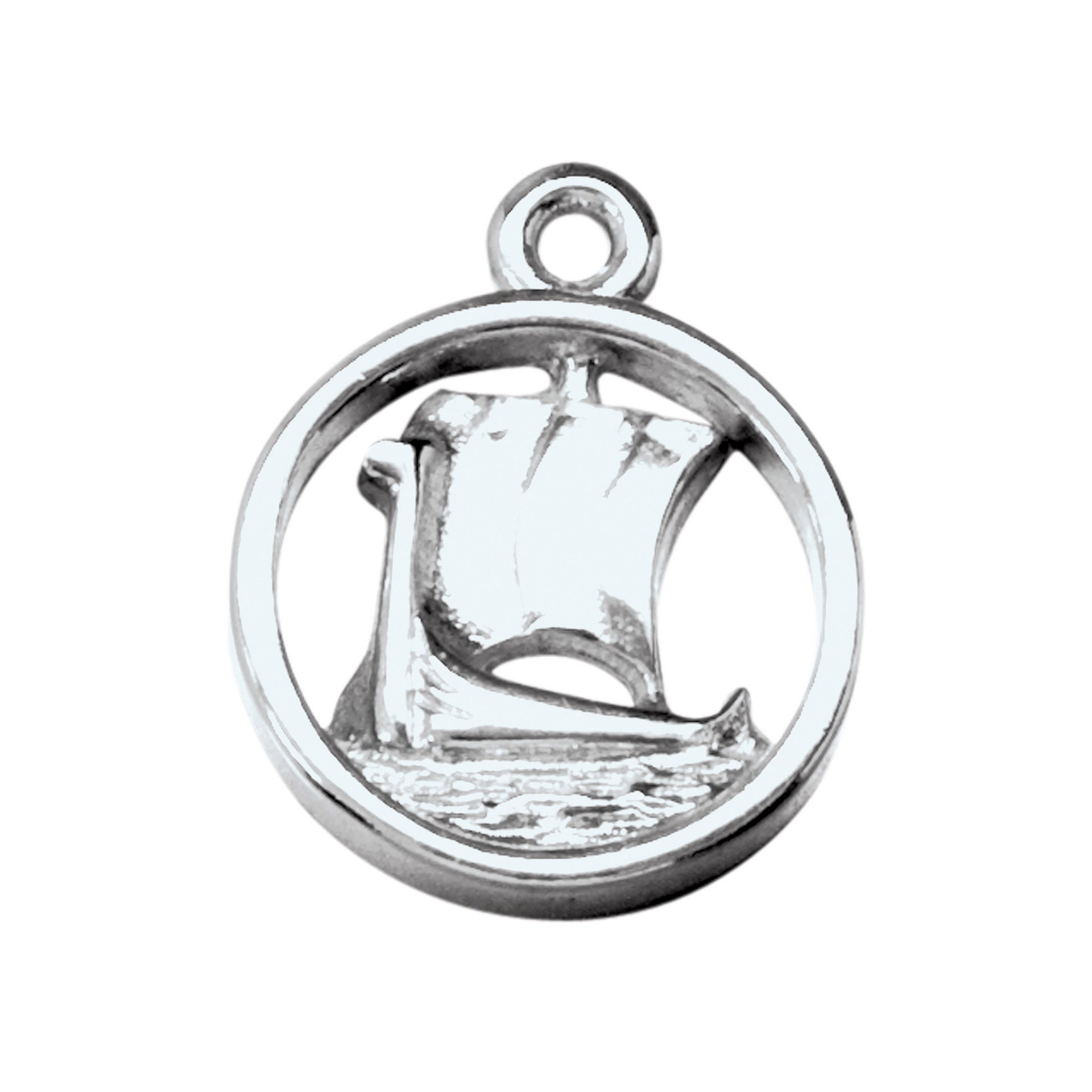 A silver circular charm with Viking longboat design