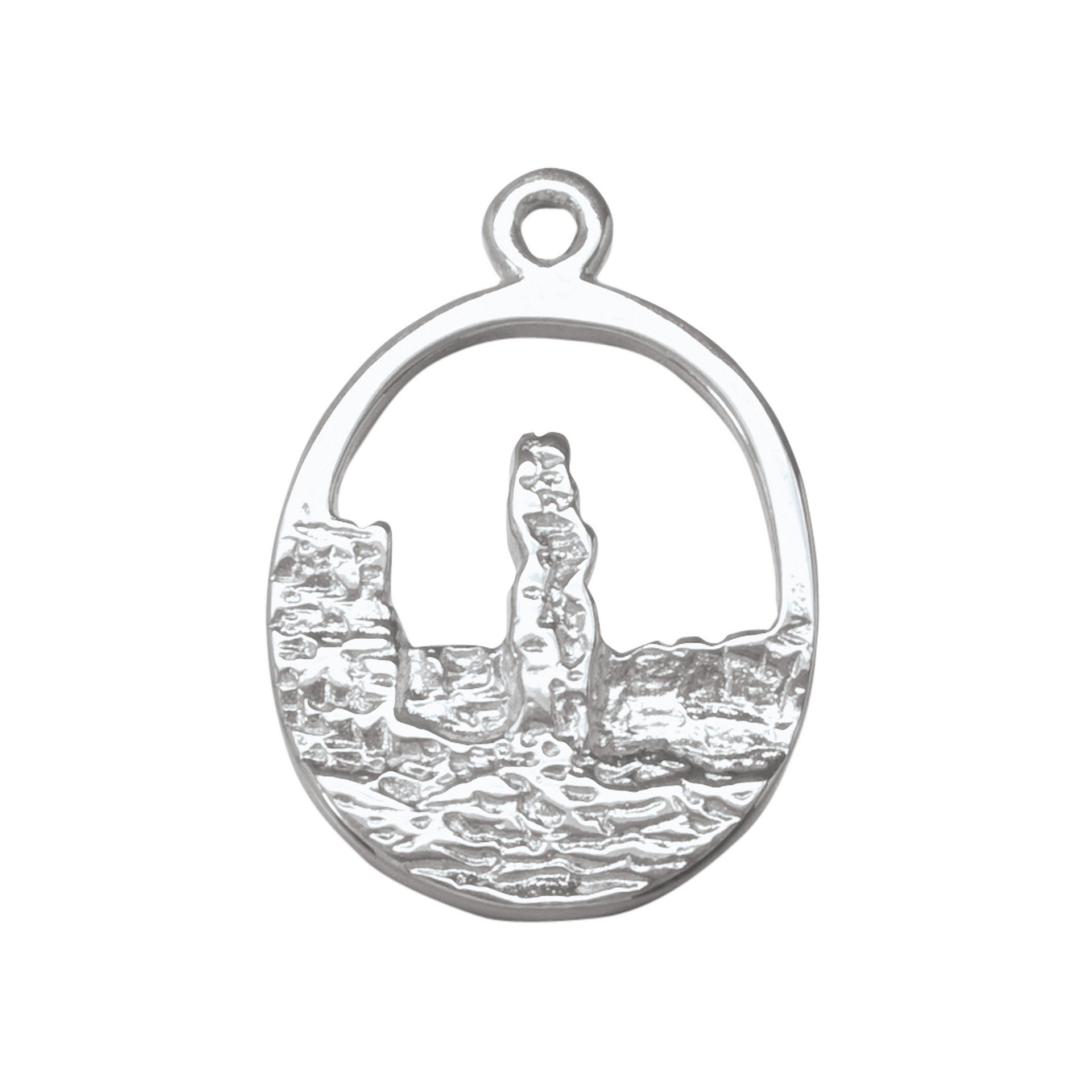 A oval silver charm of a scene of the old man of hoy