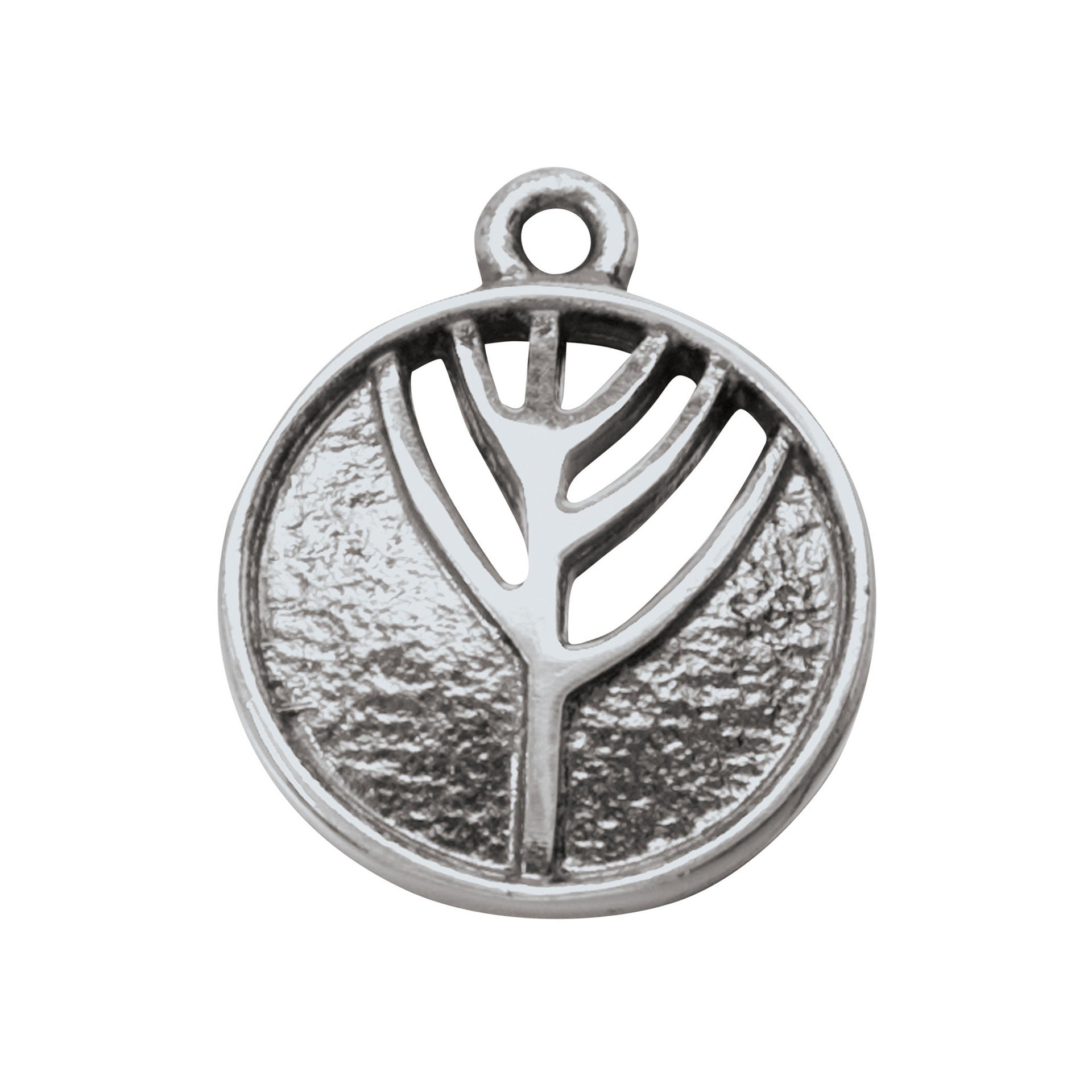 A circular silver charm with an detailed rune design within a heart shape part of the Ingibiorg collection.