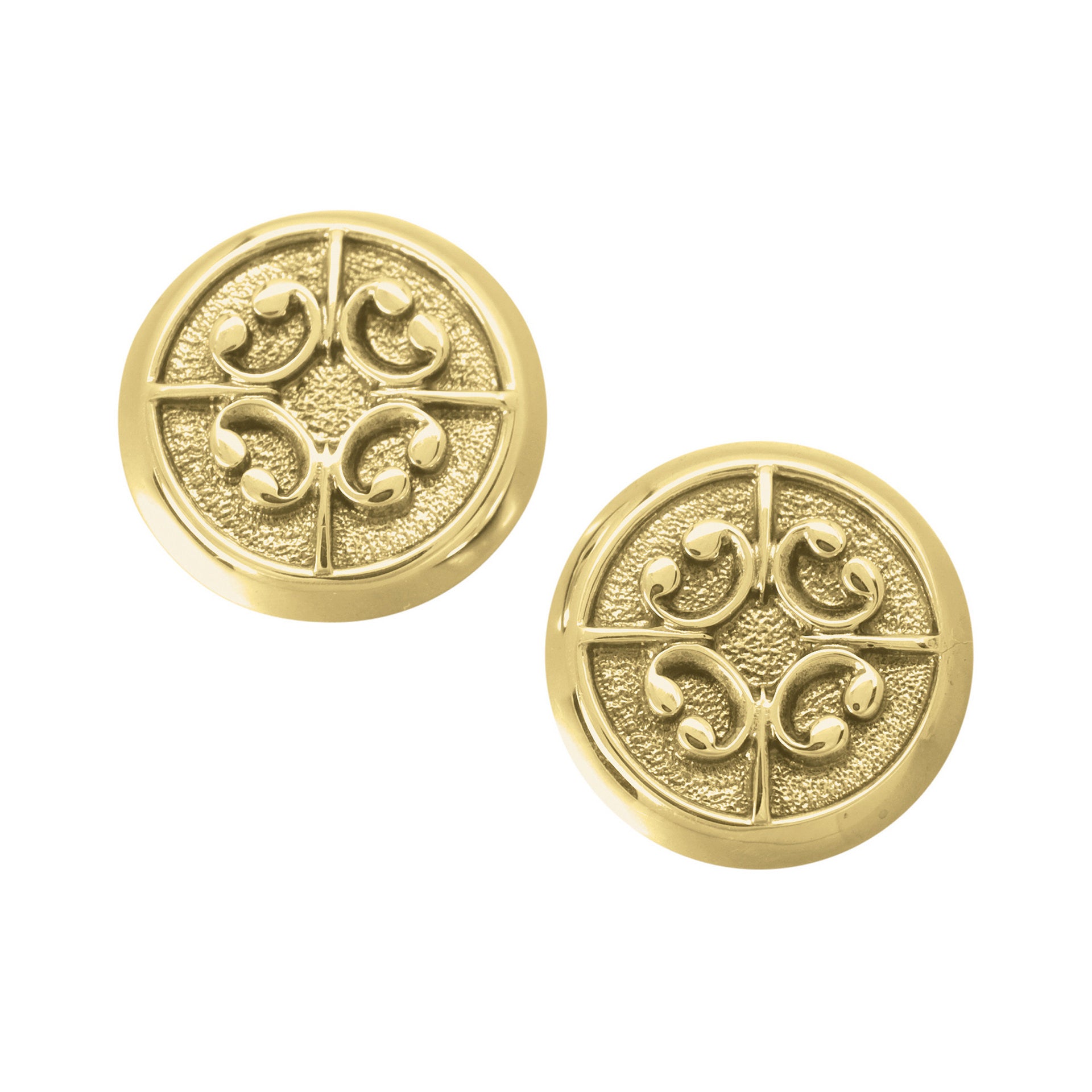 A pair of circular gold cuff links with a norse design from the St Magnus Collection