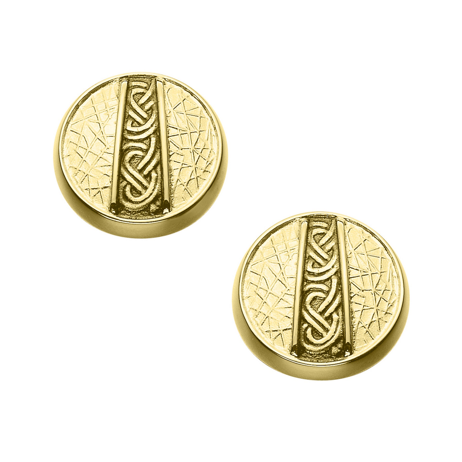 A pair of circle gold cuff links with intricate texture and celtic design