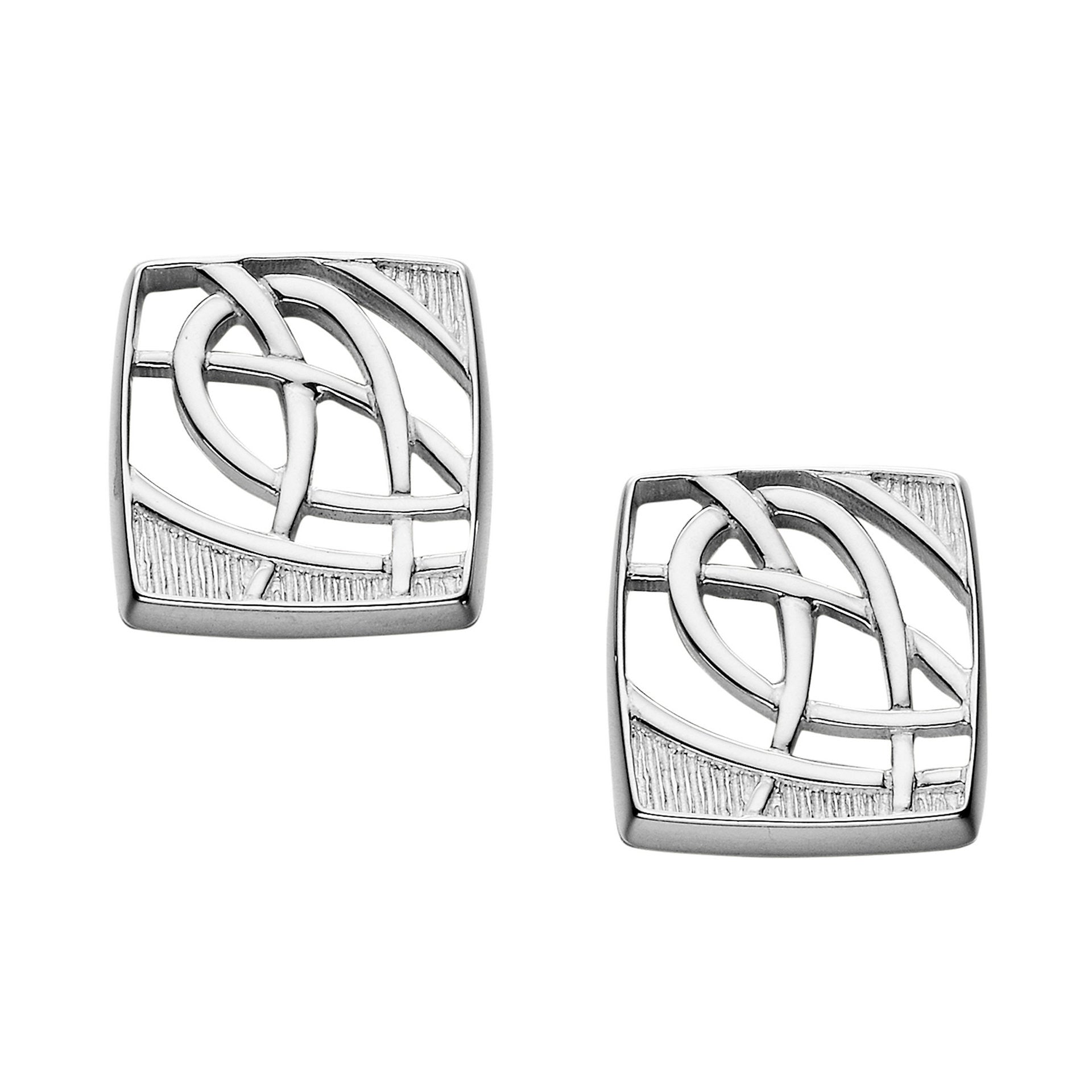 A pair of silver cuff links with intricate knotted design, part of the Scotia Collection