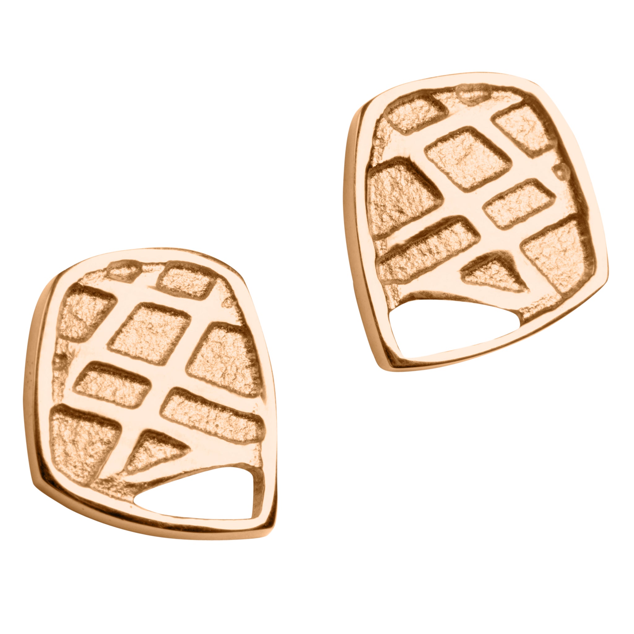A pair of rose gold square stud earrings with rune designs, part of the Ness of Brodgar collection