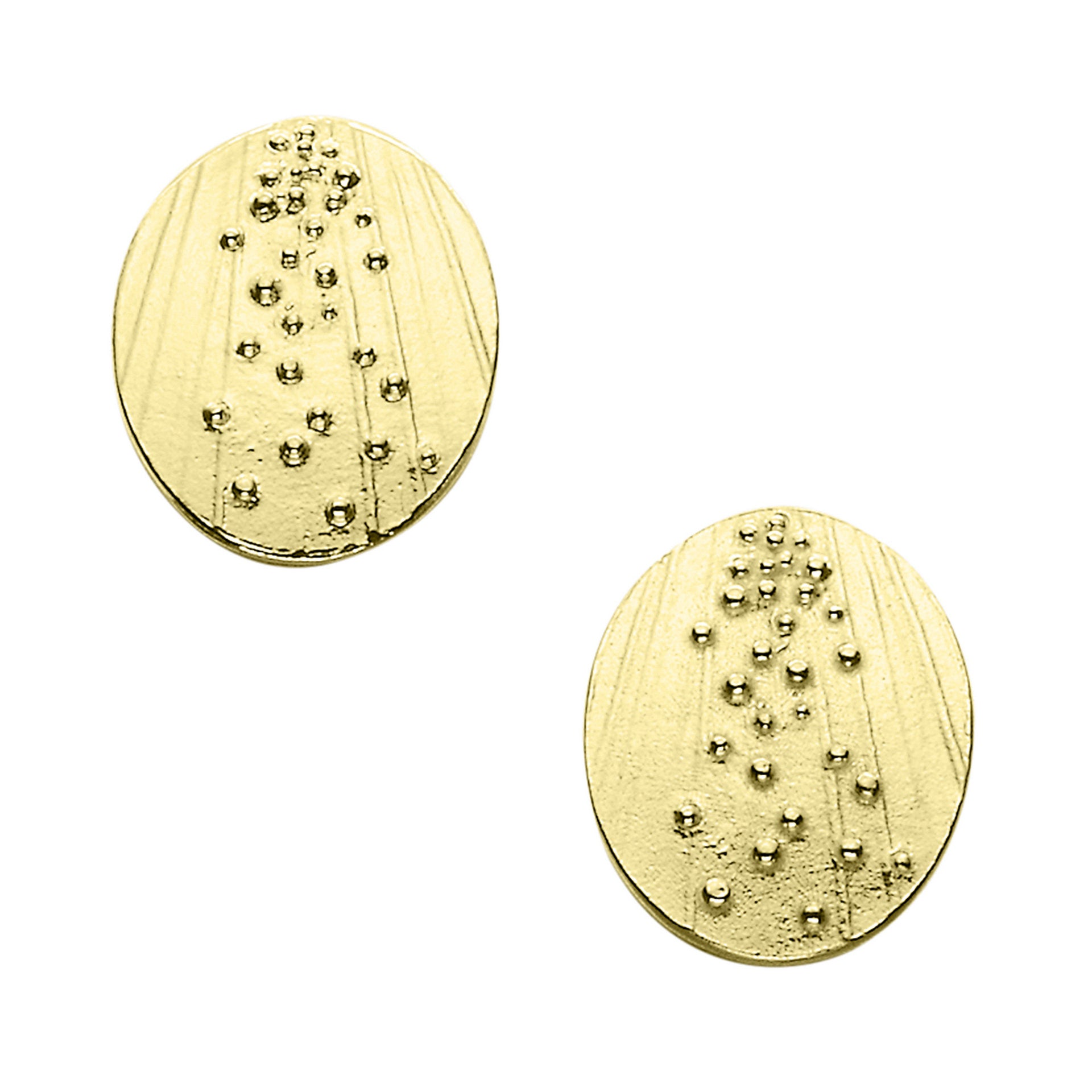 A pair of small round gold stud earrings with a modern bubble and line design