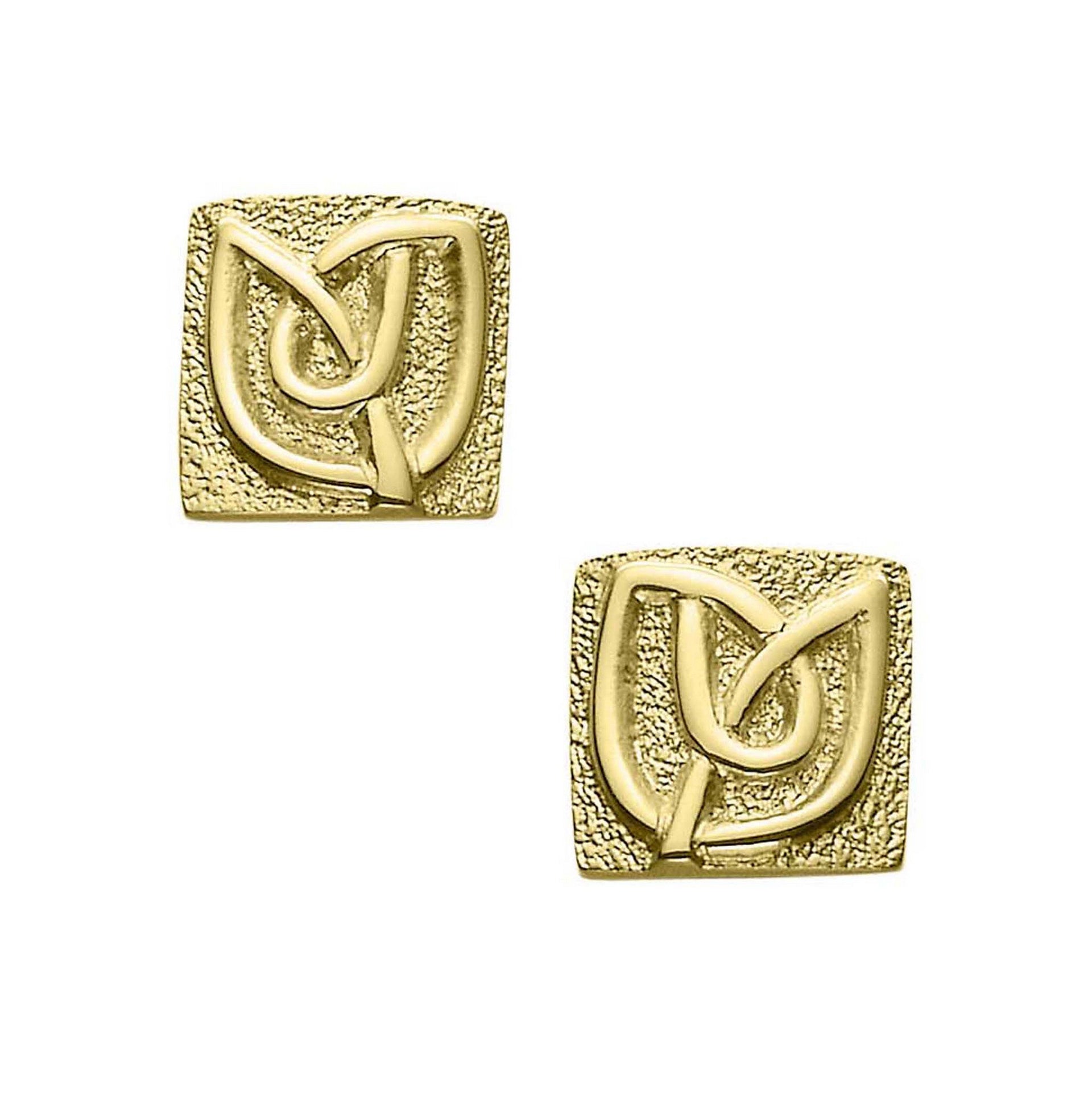 A pair of smaller square gold stud earrings with a knot design from the Aikerness Collection
