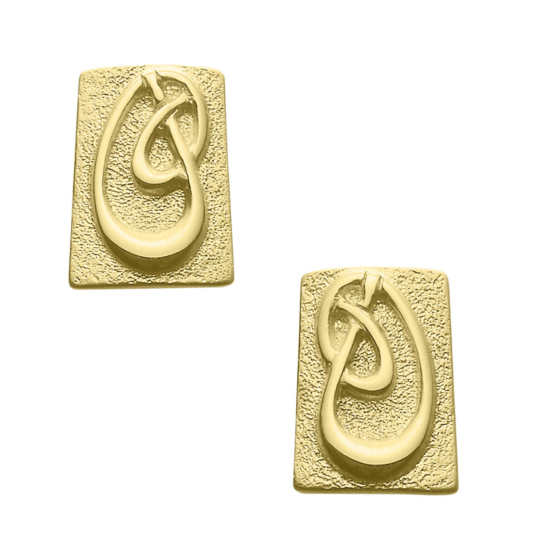 A pair of square gold stud earrings with a knot design from the Aikerness Collection