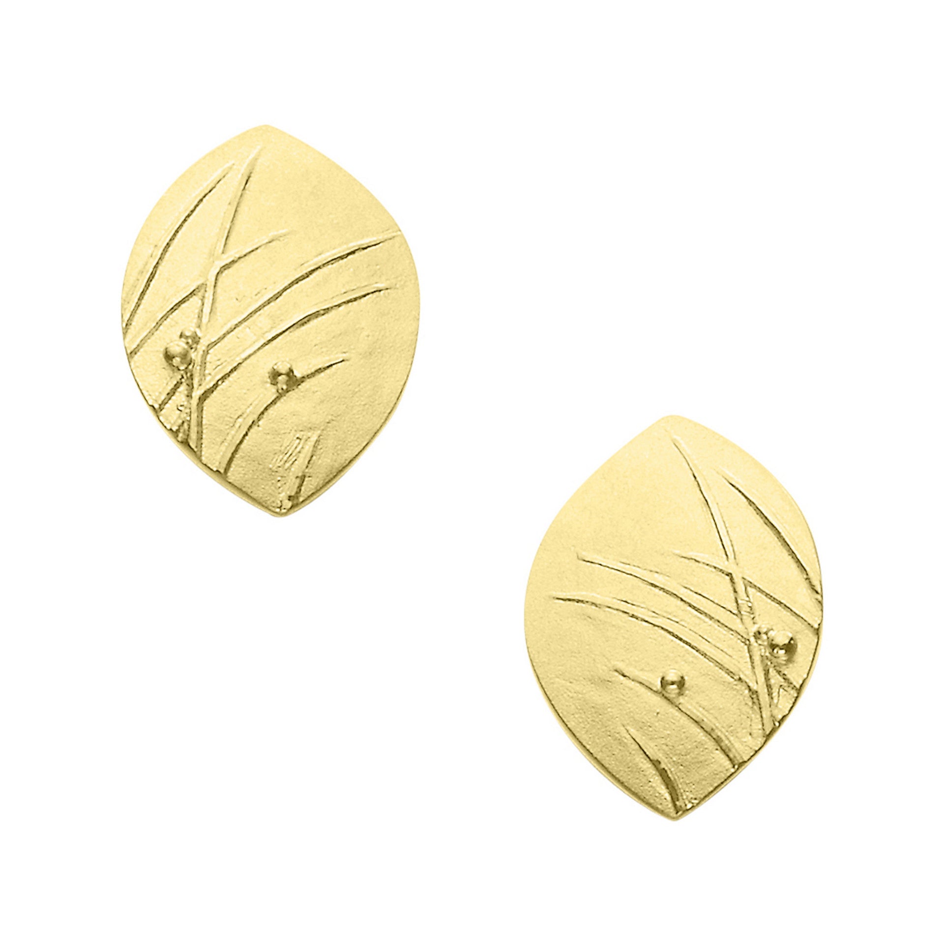A pair of oval gold stud earrings with a grass design from the Mistral Collection