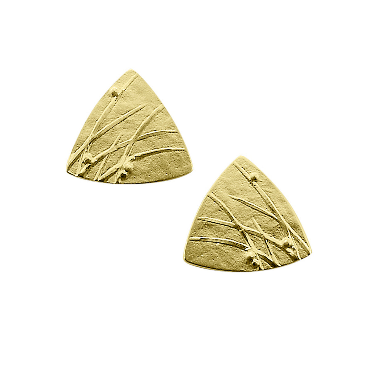 A pair of triangle gold stud earrings with a grass design from the Mistral Collection