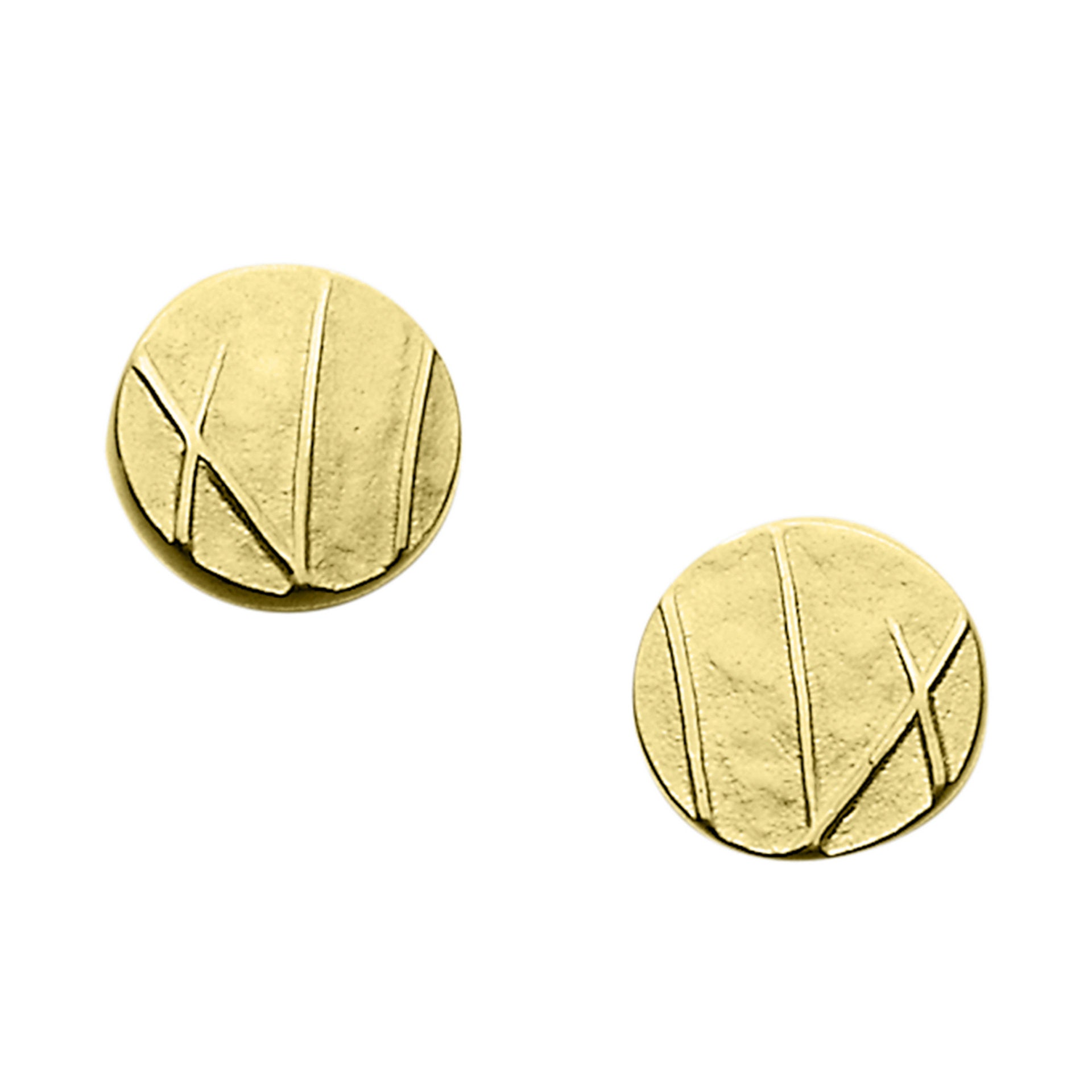 A pair of gold stud earrings with a grass design from the Mistral Collection