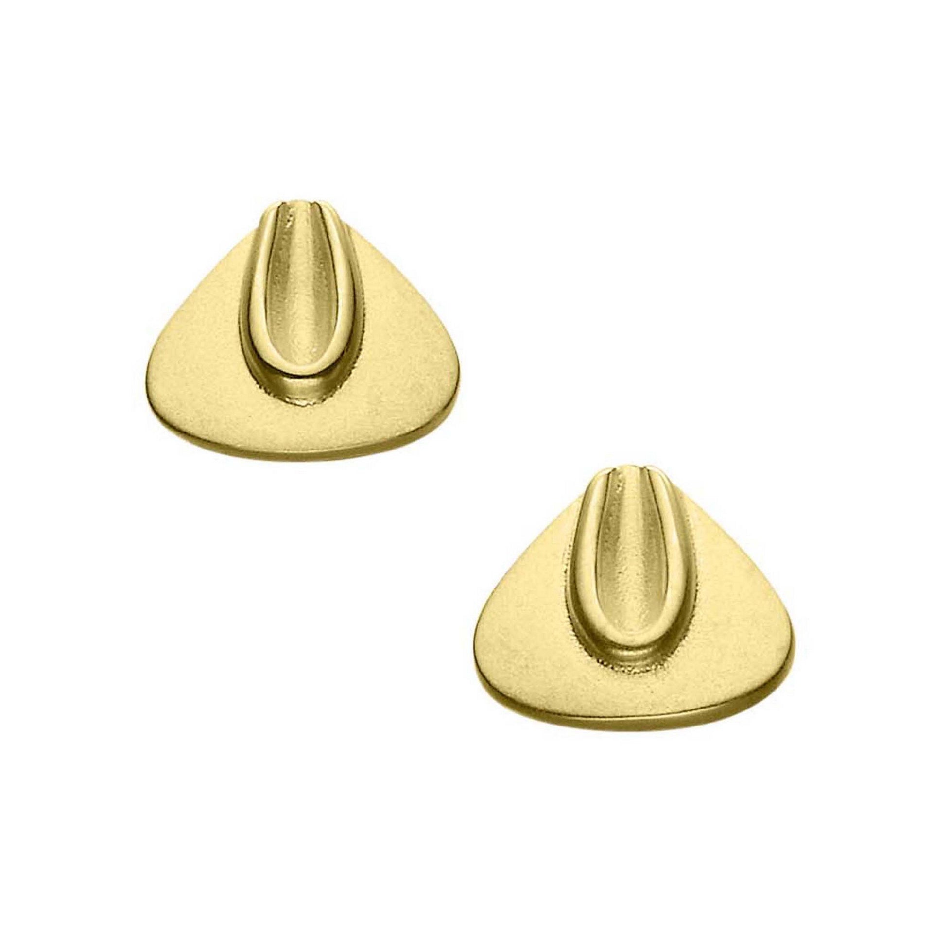 A pair of small triangular gold stud earrings with a center groove