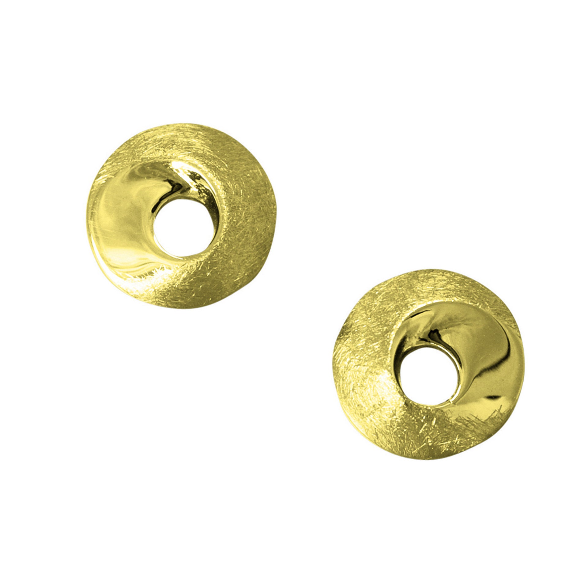 A pair of circular gold stud earrings with a contemporary design