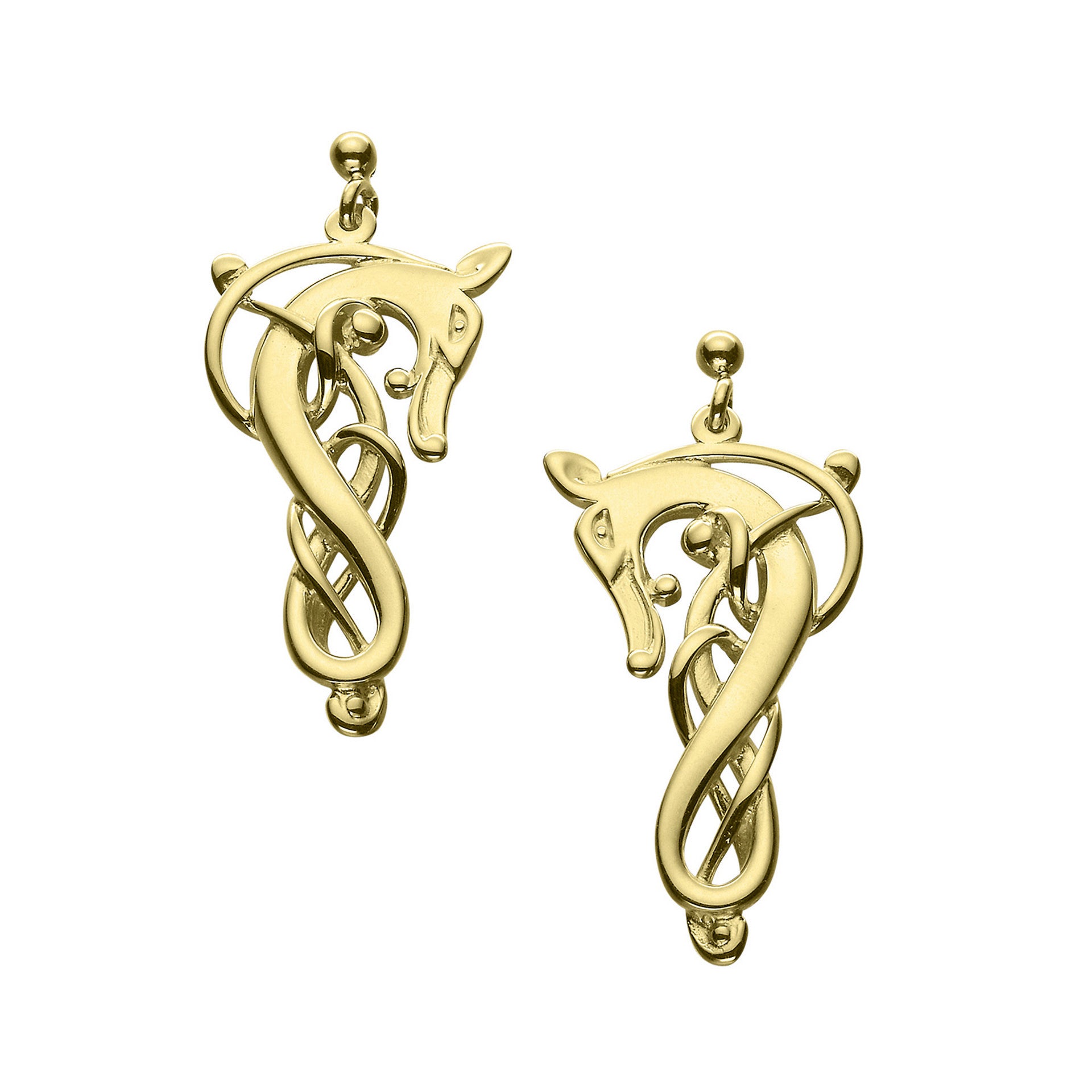 A pair of gold drop earrings with a creature design from the Finnish Beast collection