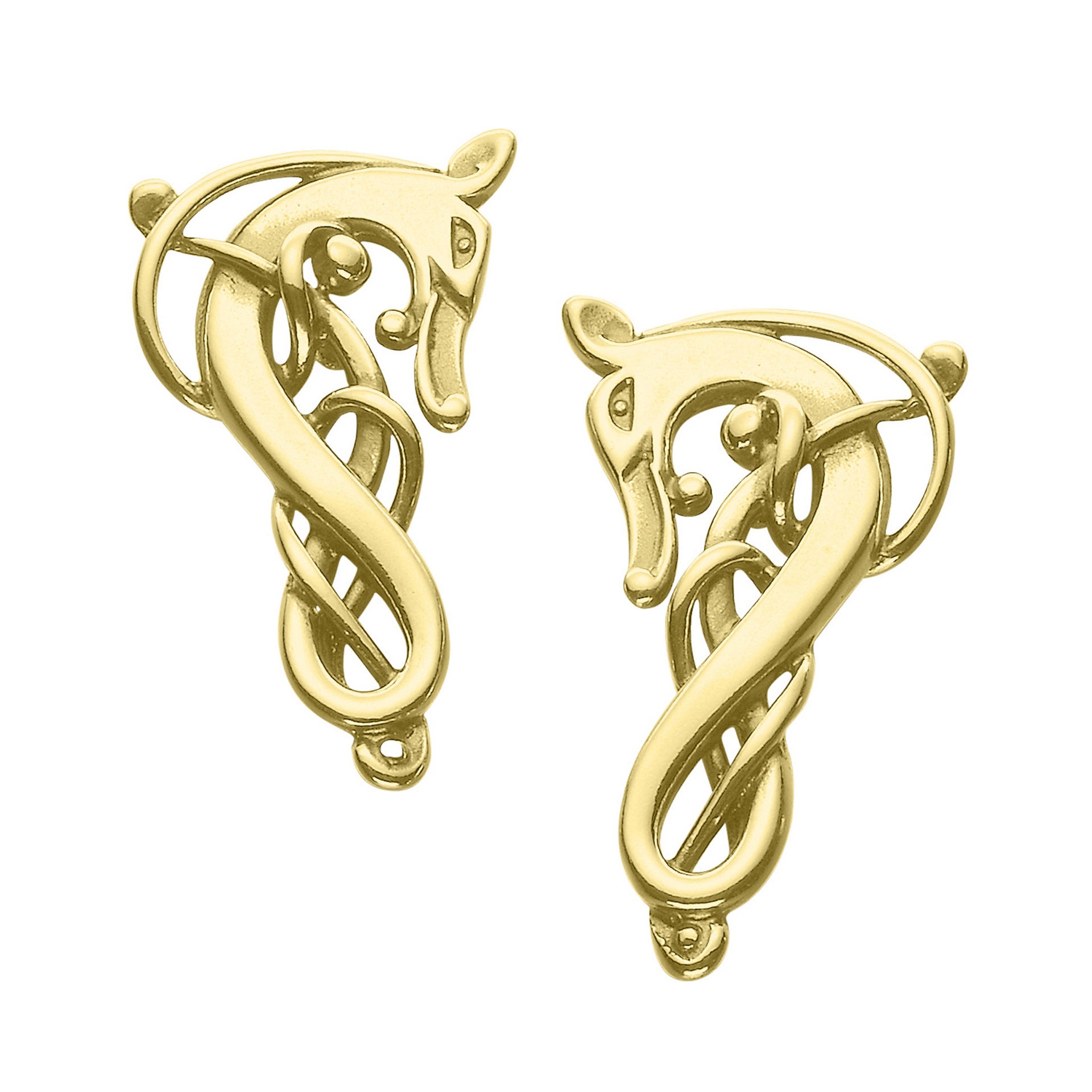 A pair of gold drop earrings with a creature design from the Finnish Beast collection
