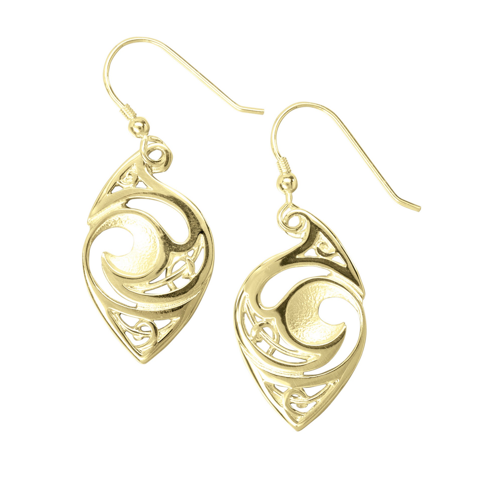 A pair of gold hook earrings with intricate cut-out patterns from the Evie Collection