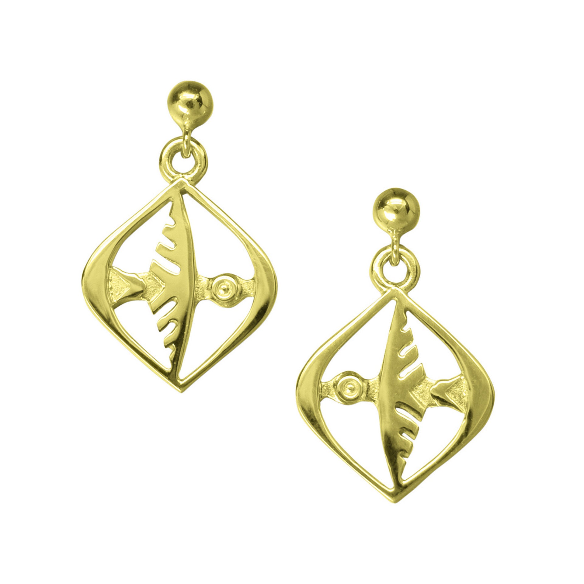 A pair of gold drop earrings with a flying bird design from the Odin's Bird Collection