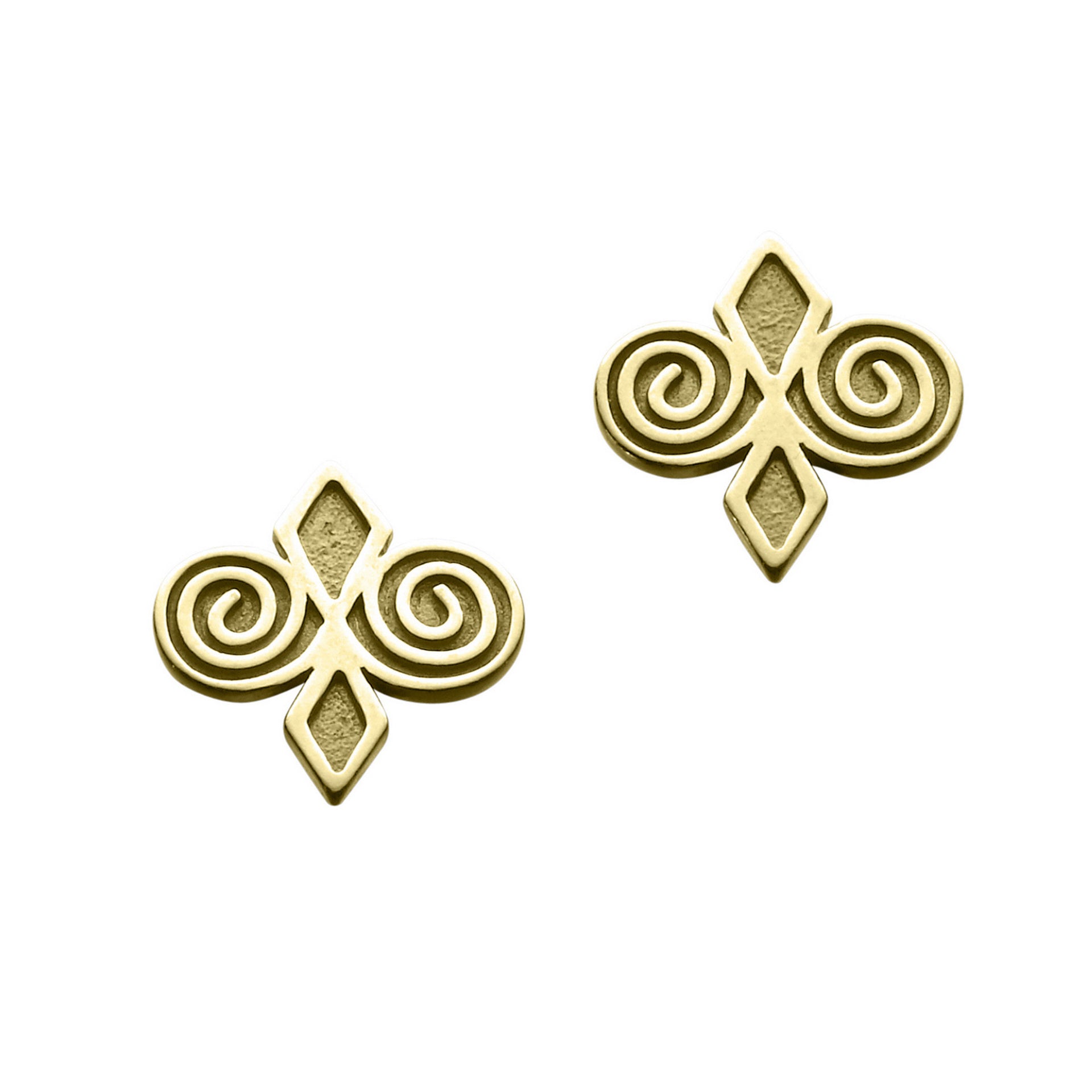 A pair of gold earrings with a diamond and spiral design on a white background.