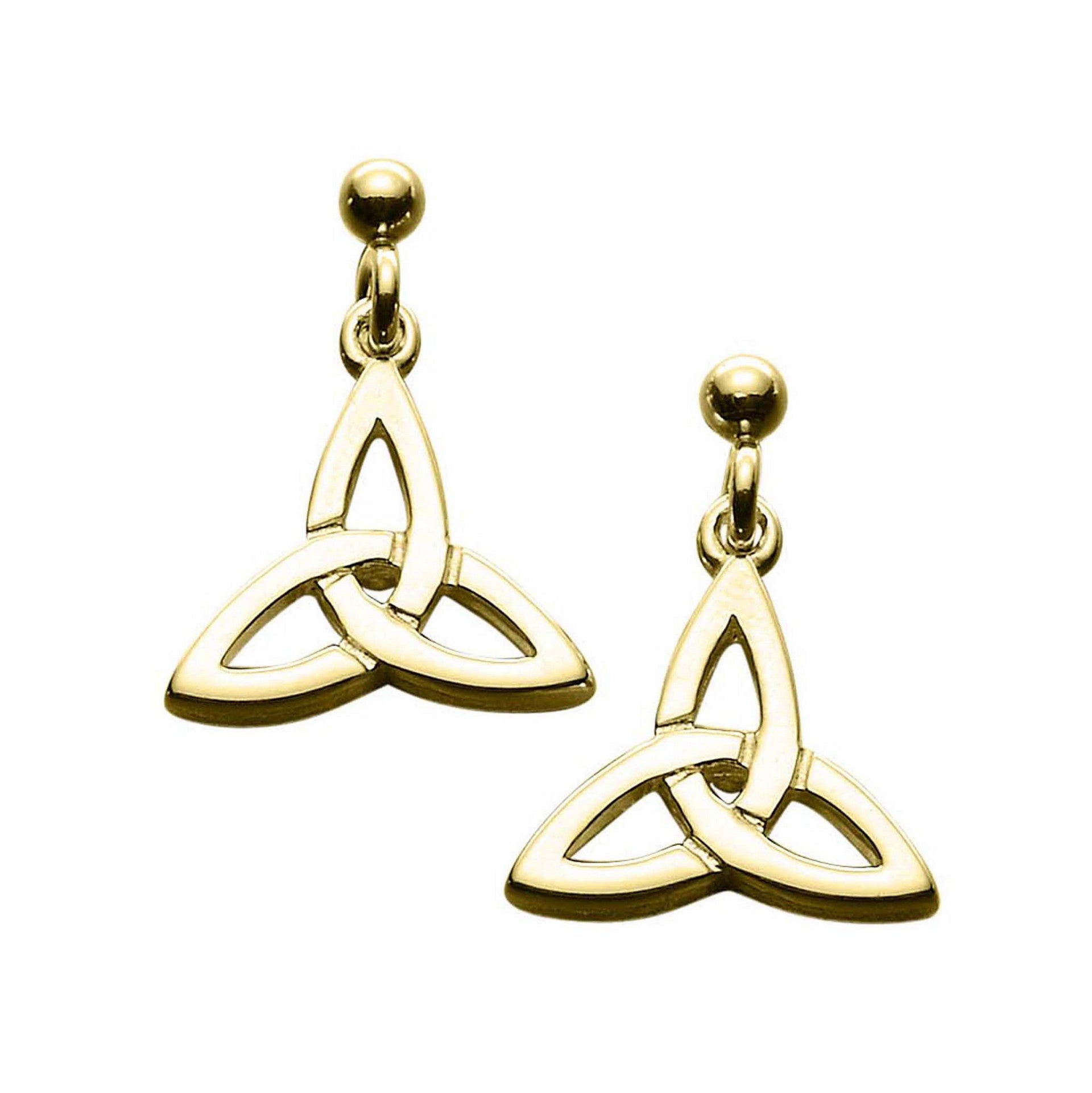 A pair of gold drop earrings with a celtic design from the Kells Collection