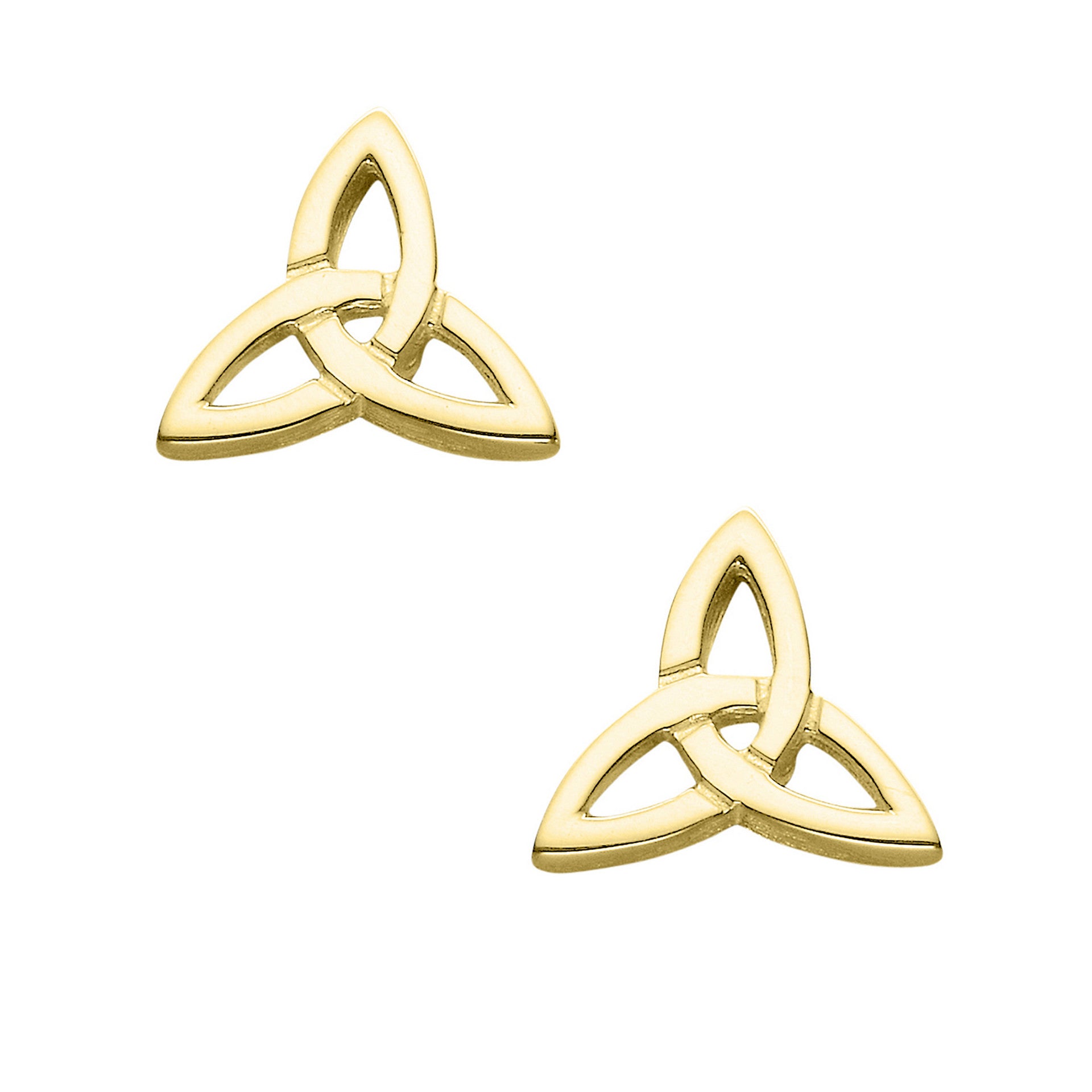 A pair of silver-colored stud earrings with a triangular Celtic knot design.