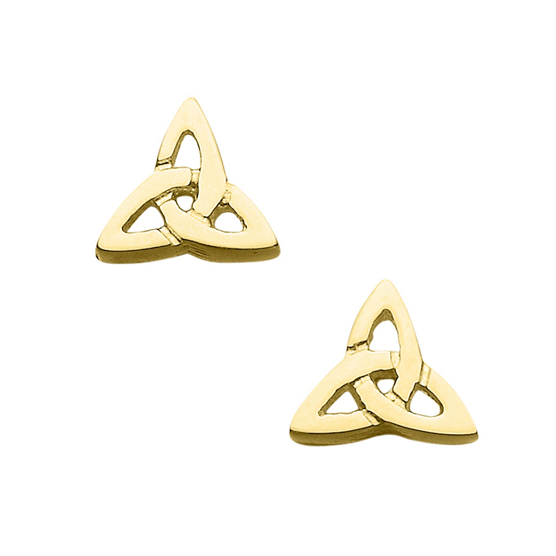 A pair of gold stud earrings with a triangular Celtic knot design from the Kells Collection.