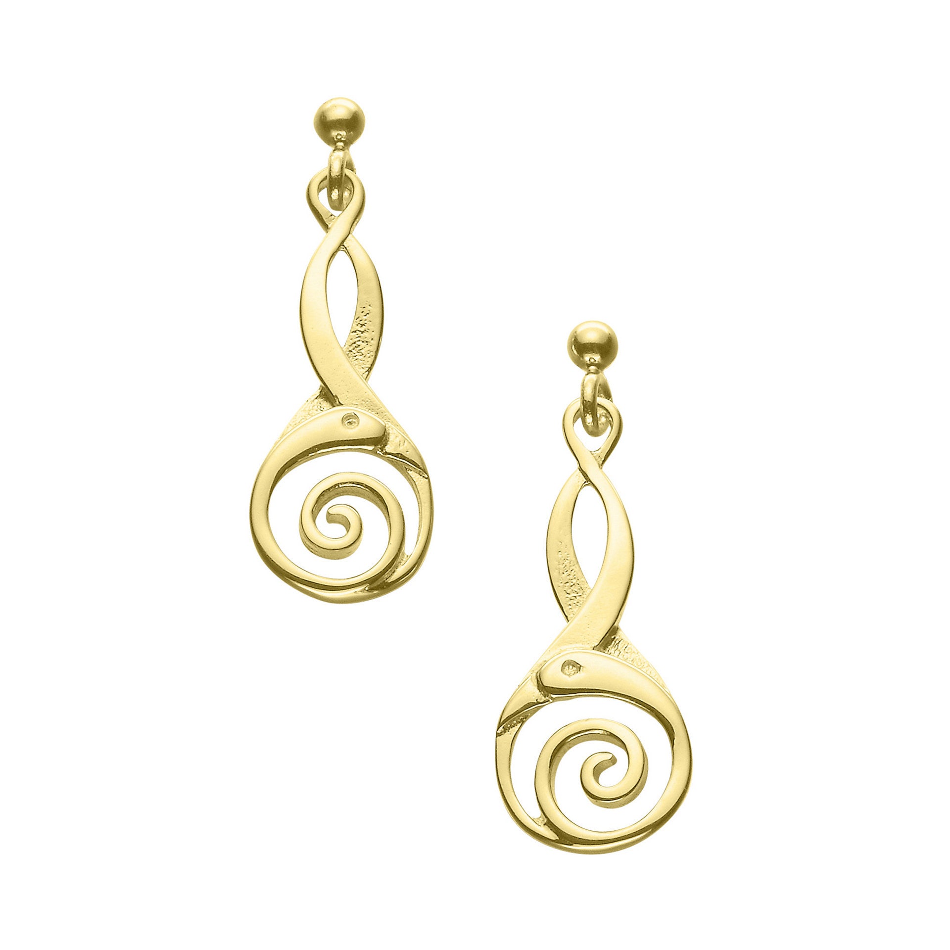A pair of gold drop earrings from the Kells Bird Collection.